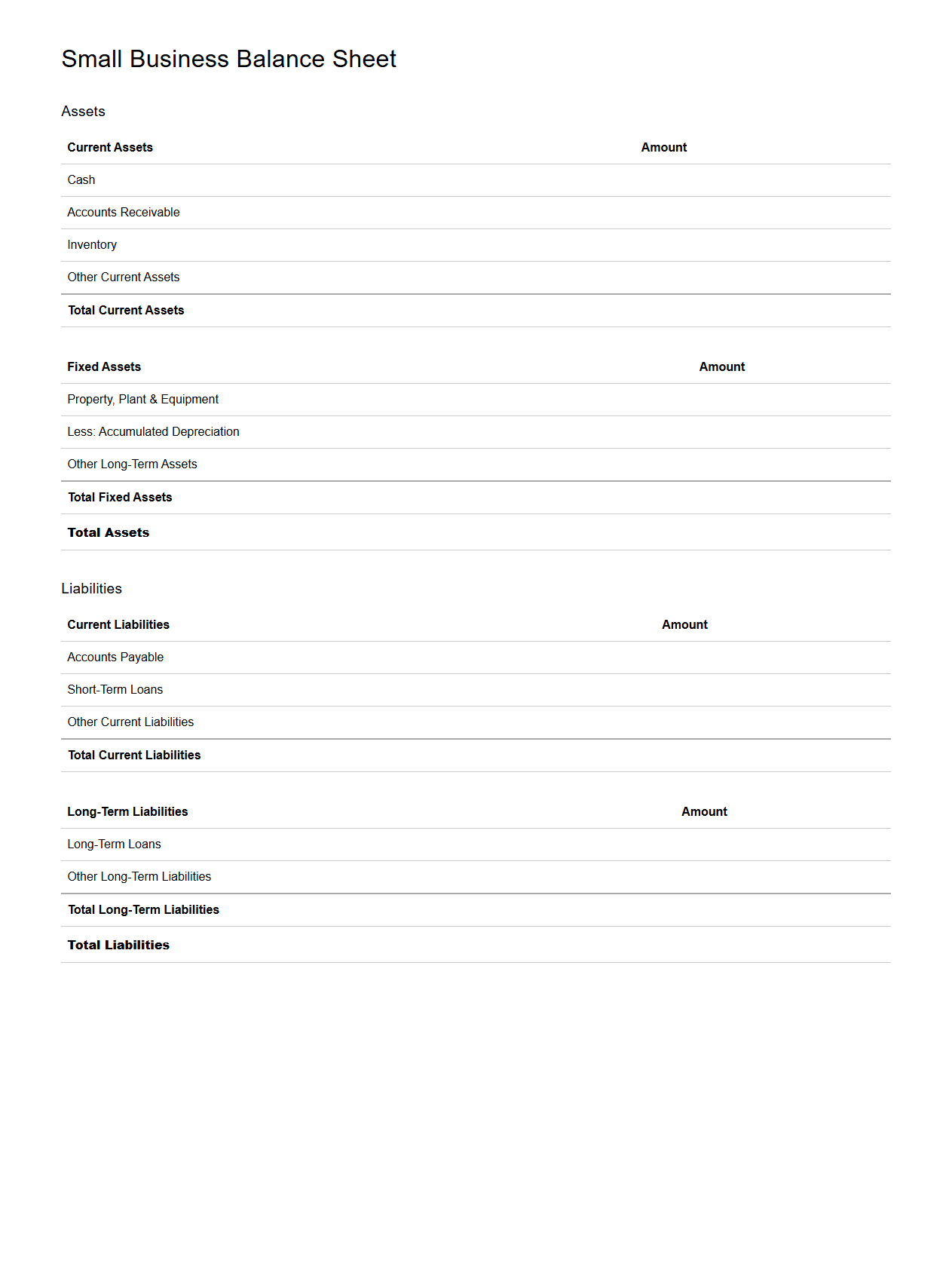 Small Business Balance Sheet Template