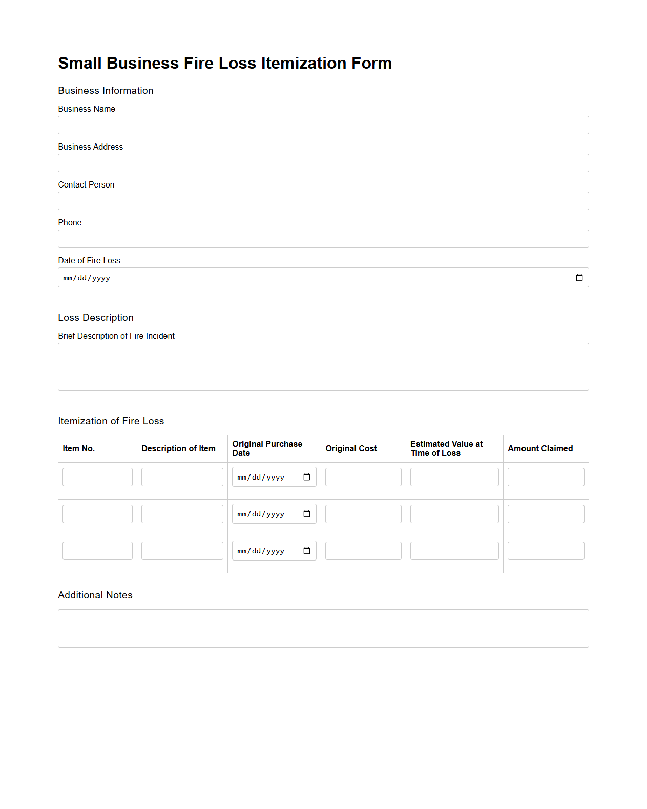 Small Business Fire Loss Itemization Form