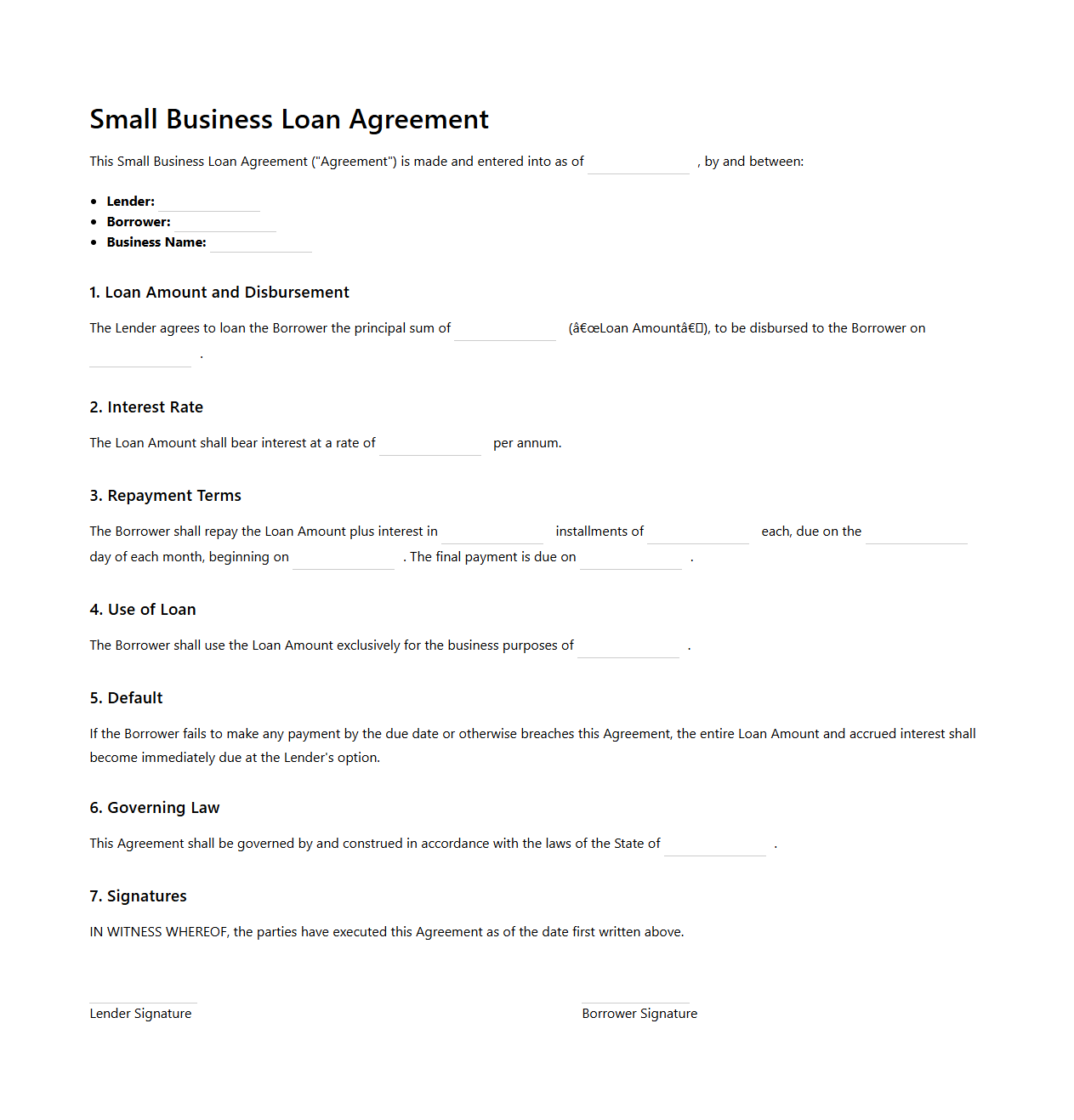 Small Business Loan Agreement Template