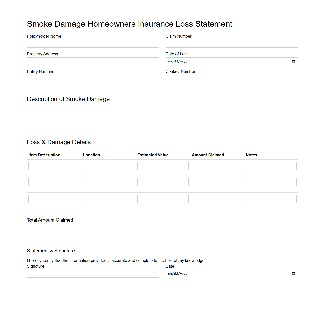 Smoke Damage Homeowners Insurance Loss Statement