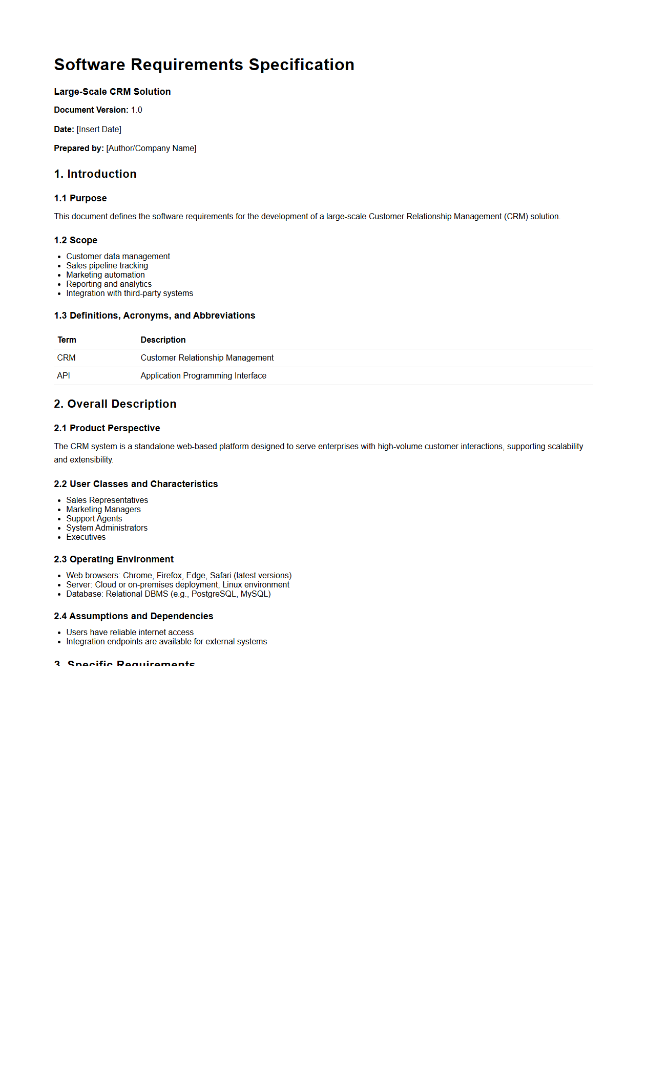 Software Requirements Specification for Large-Scale CRM Solutions