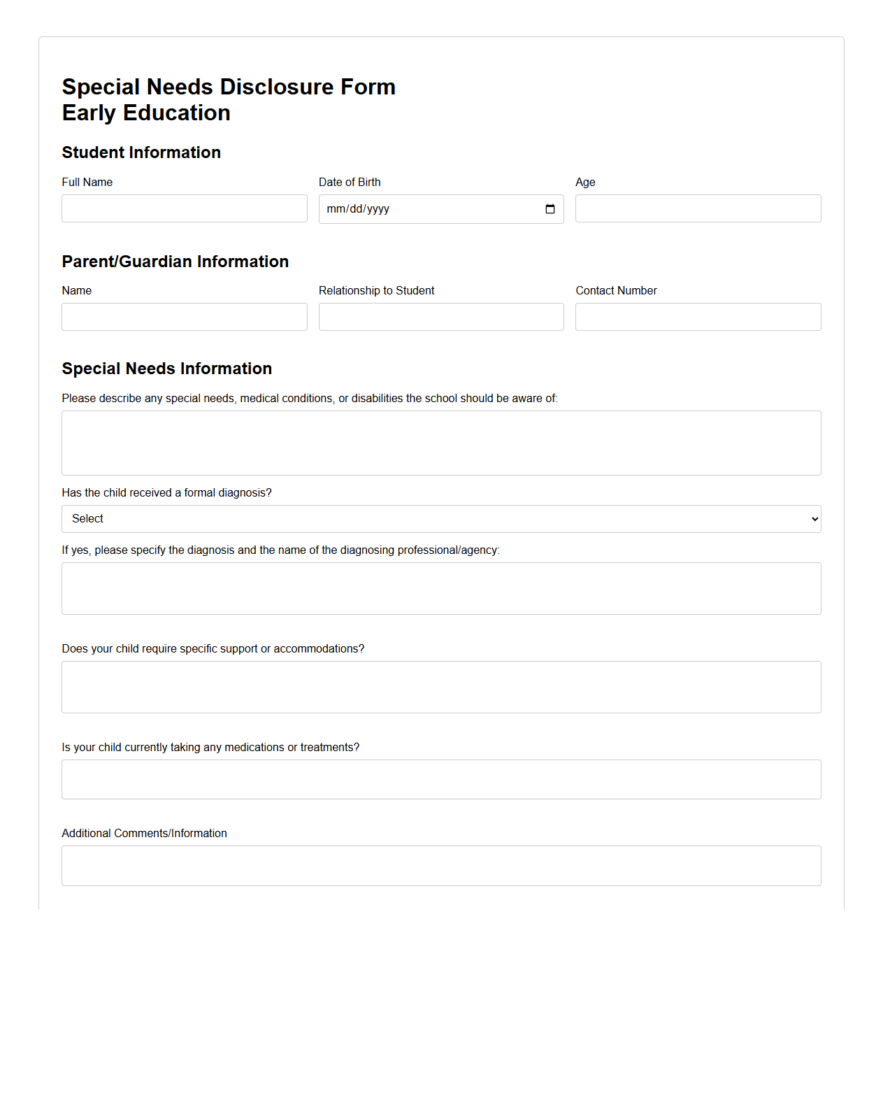 Special Needs Disclosure Form for Early Education
