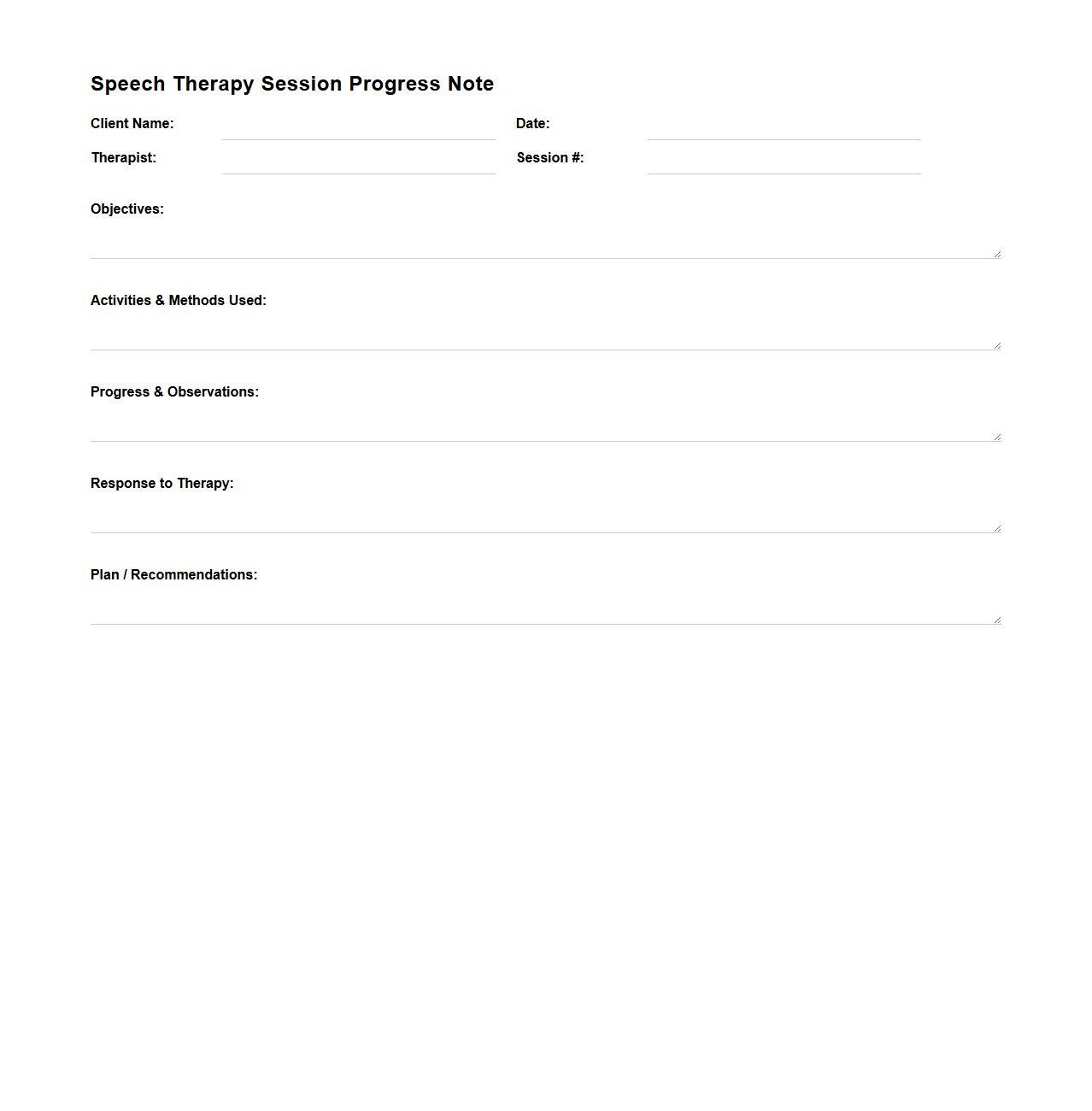 Speech Therapy Session Progress Note Sample