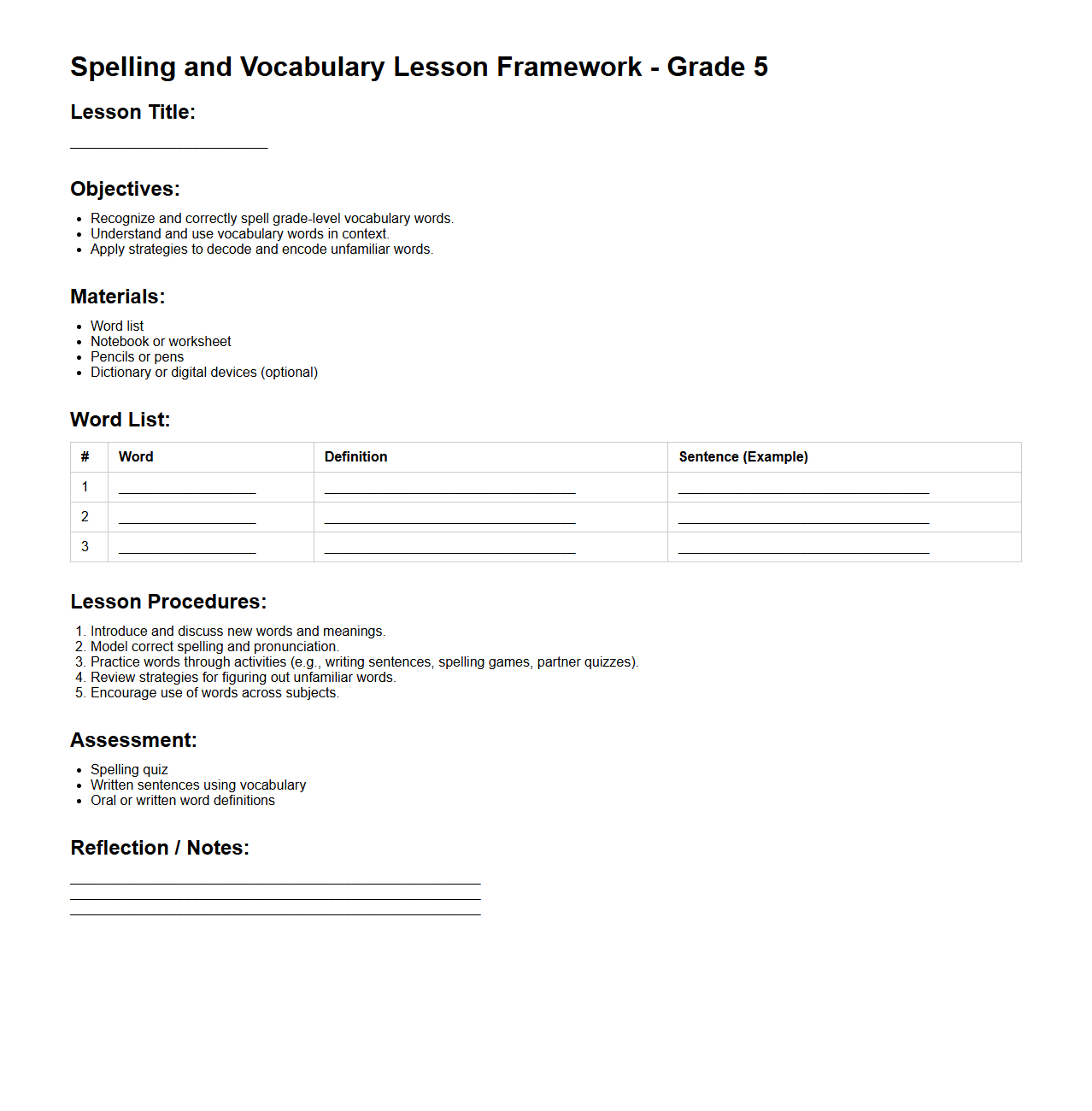 Spelling and Vocabulary Lesson Framework for Fifth Grade