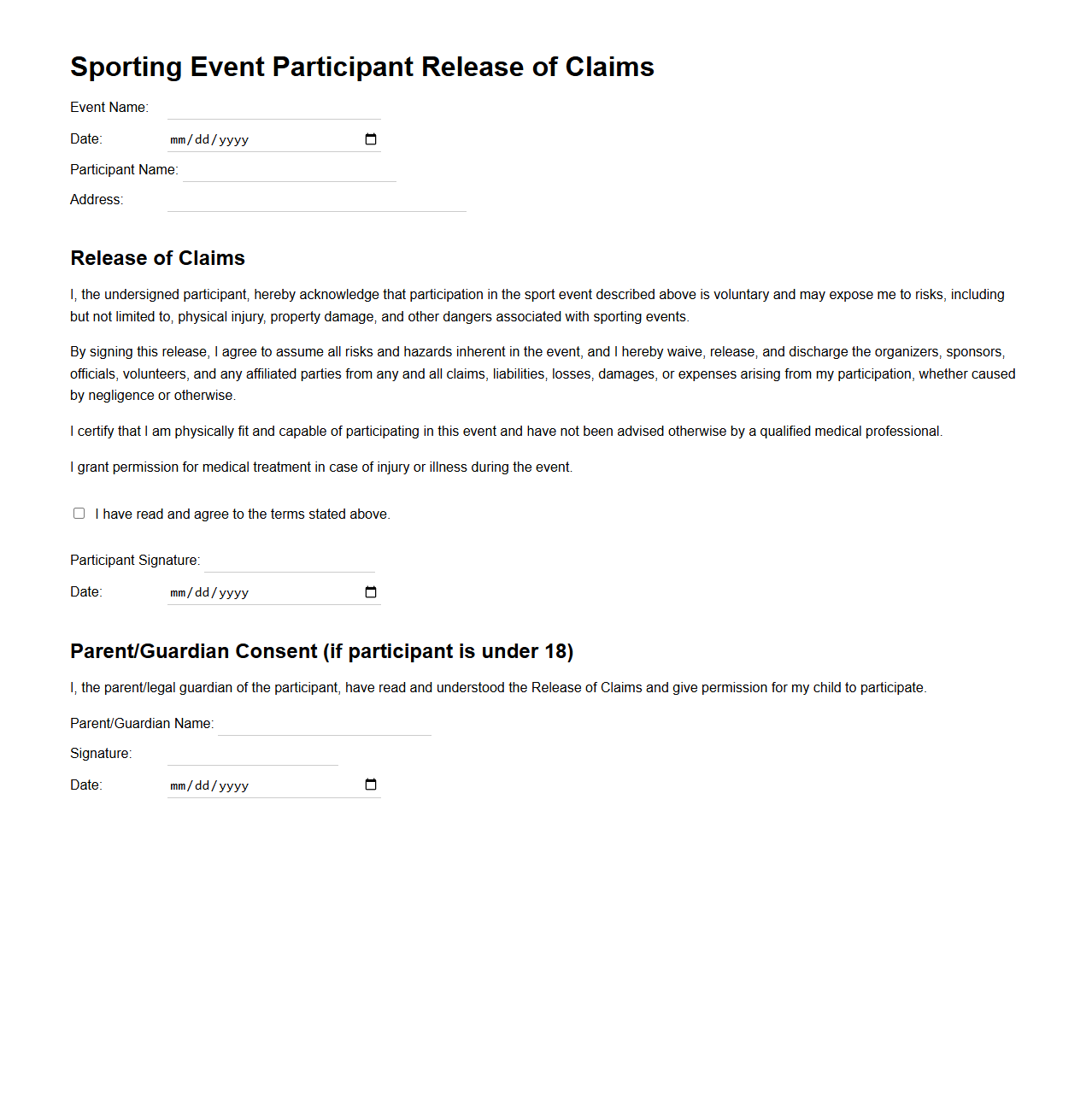 Sporting Event Participant Release of Claims Document