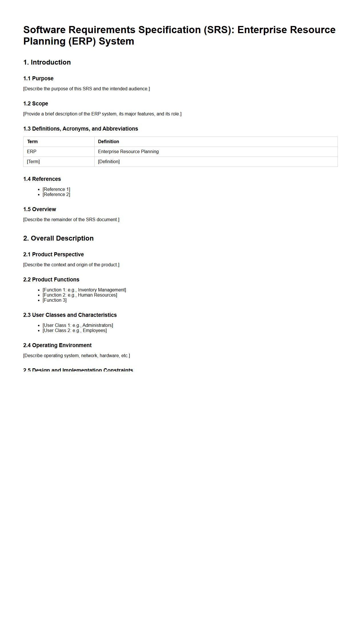 SRS Template for Enterprise Resource Planning Systems