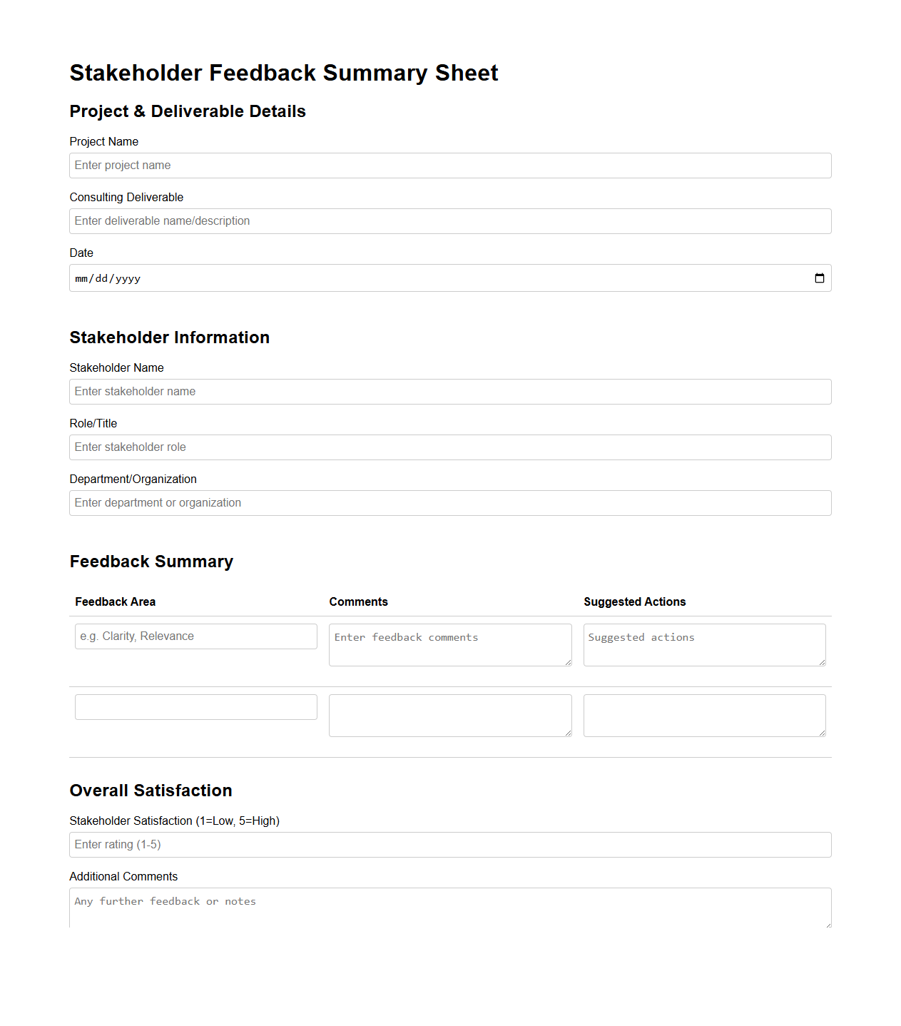 Stakeholder Feedback Summary Sheet for Consulting Deliverables