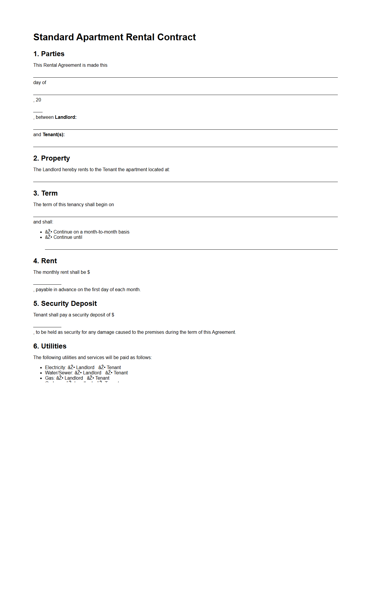 Standard Apartment Rental Contract