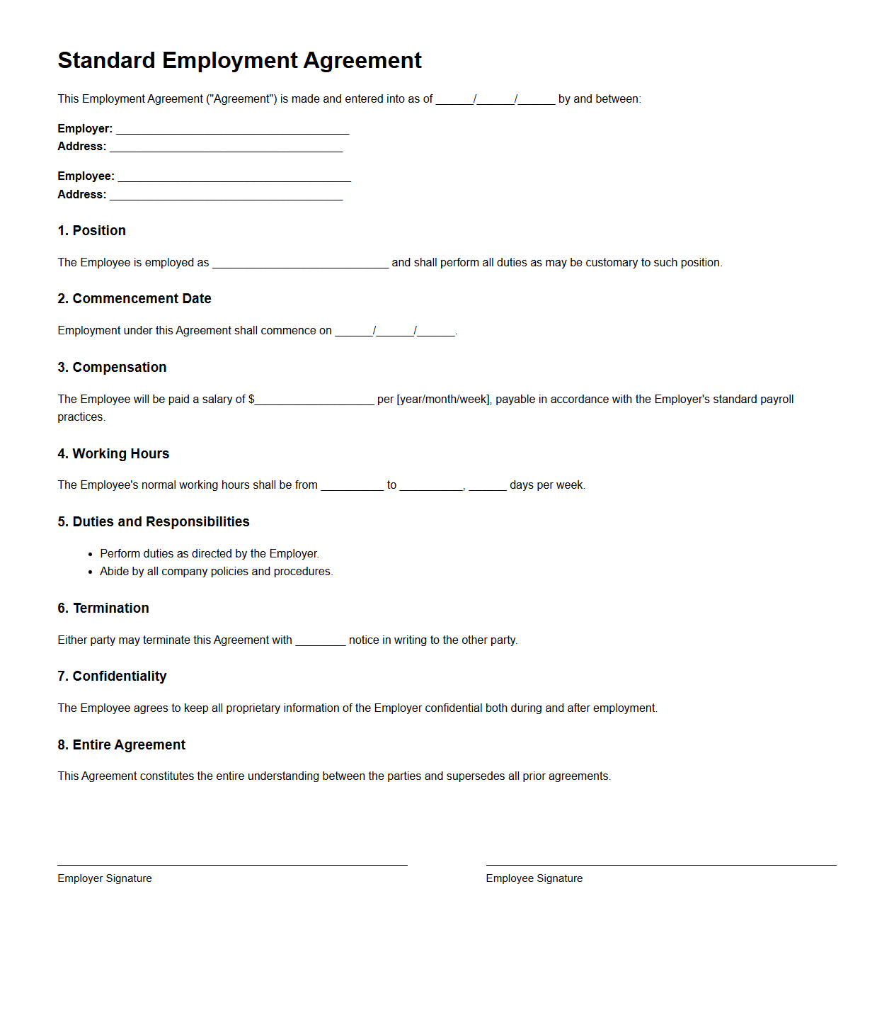 Standard Employment Agreement Template