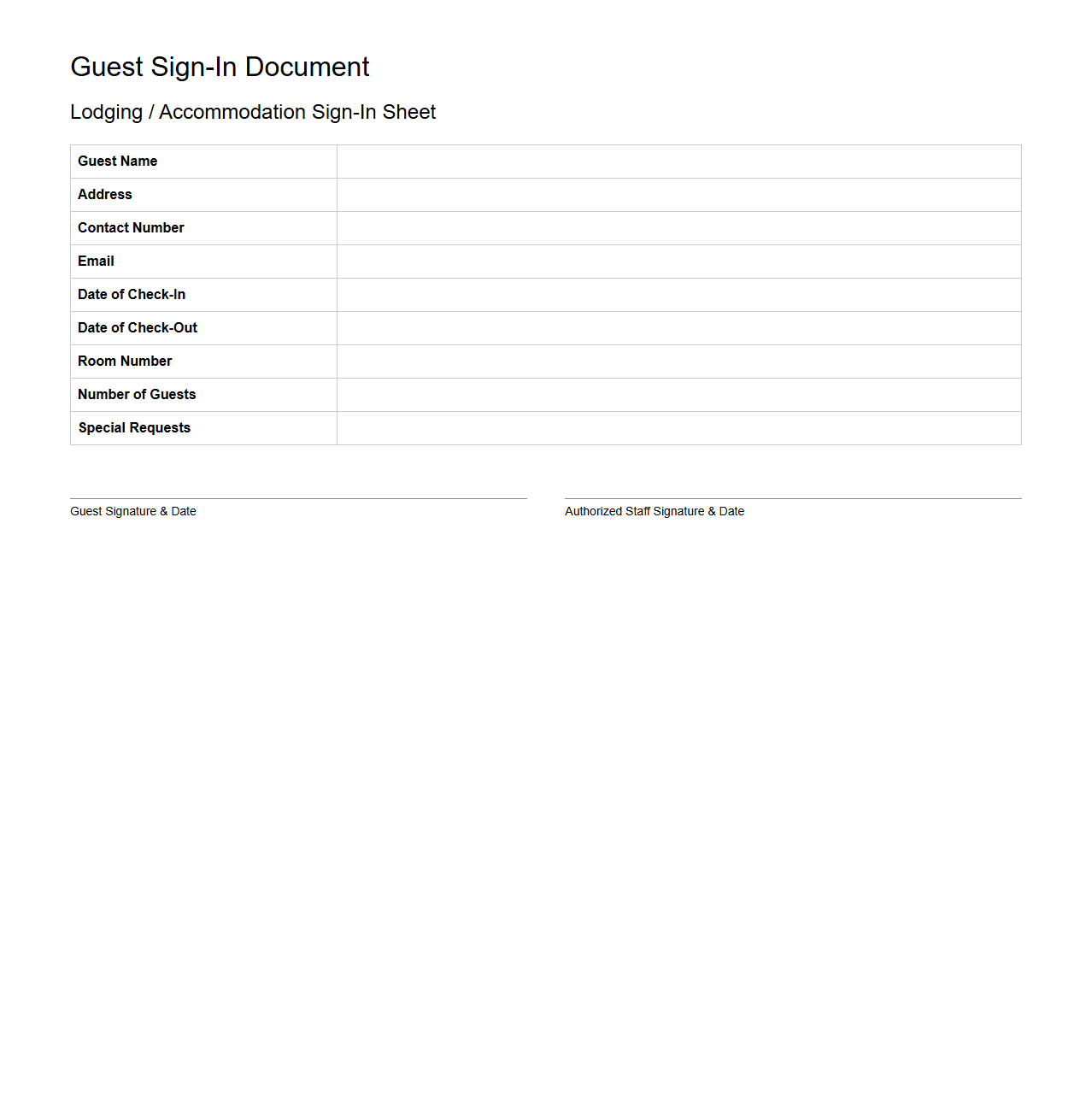 Standard Guest Sign-In Document for Lodging