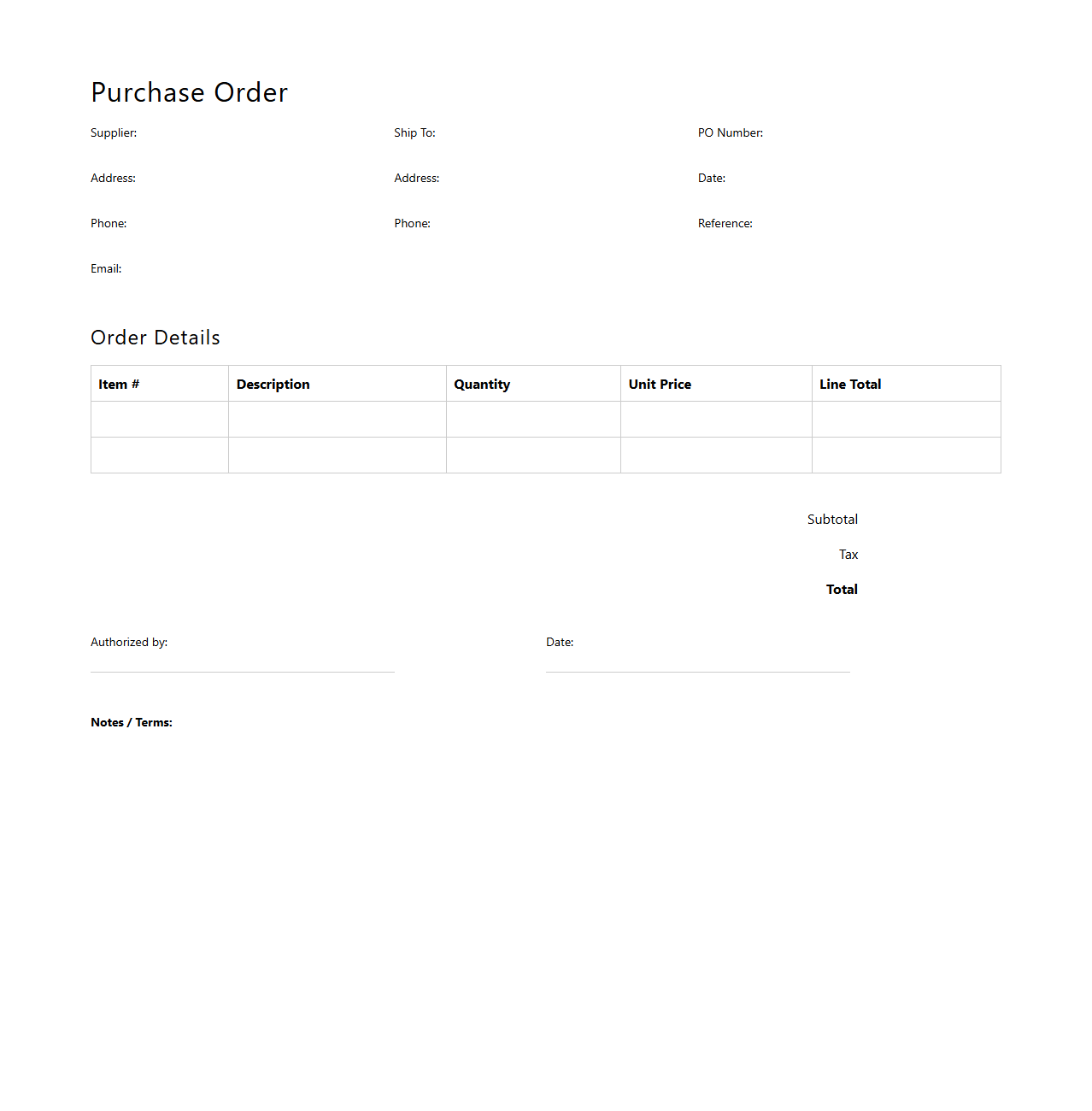 Standard Retail Purchase Order Template