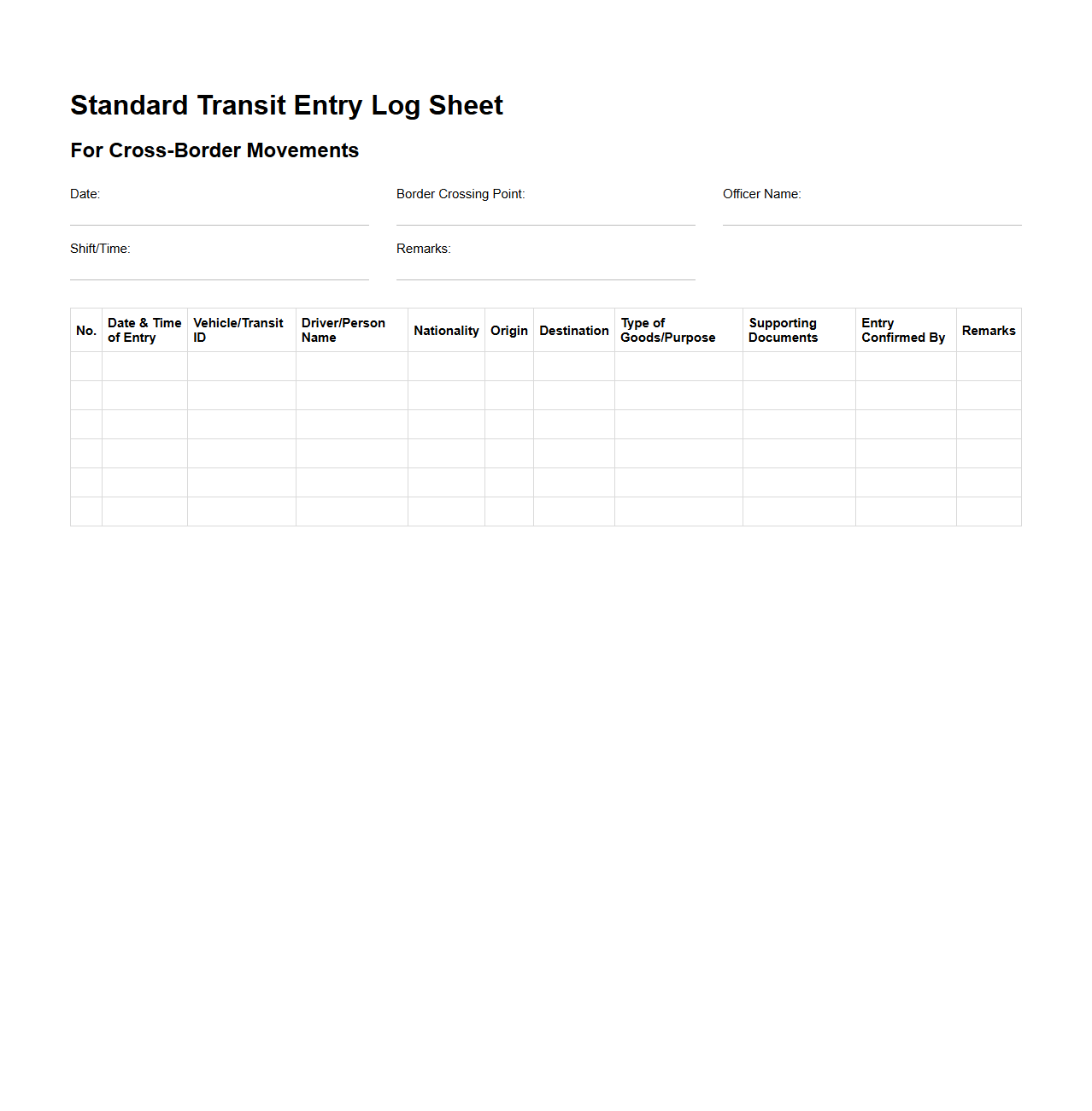 Standard Transit Entry Log Sheet for Cross-Border Movements
