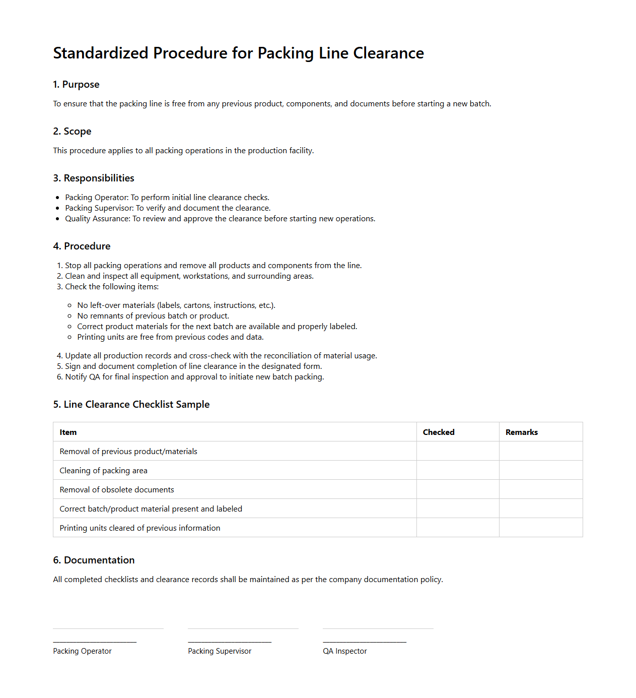 Standardized Procedure for Packing Line Clearance