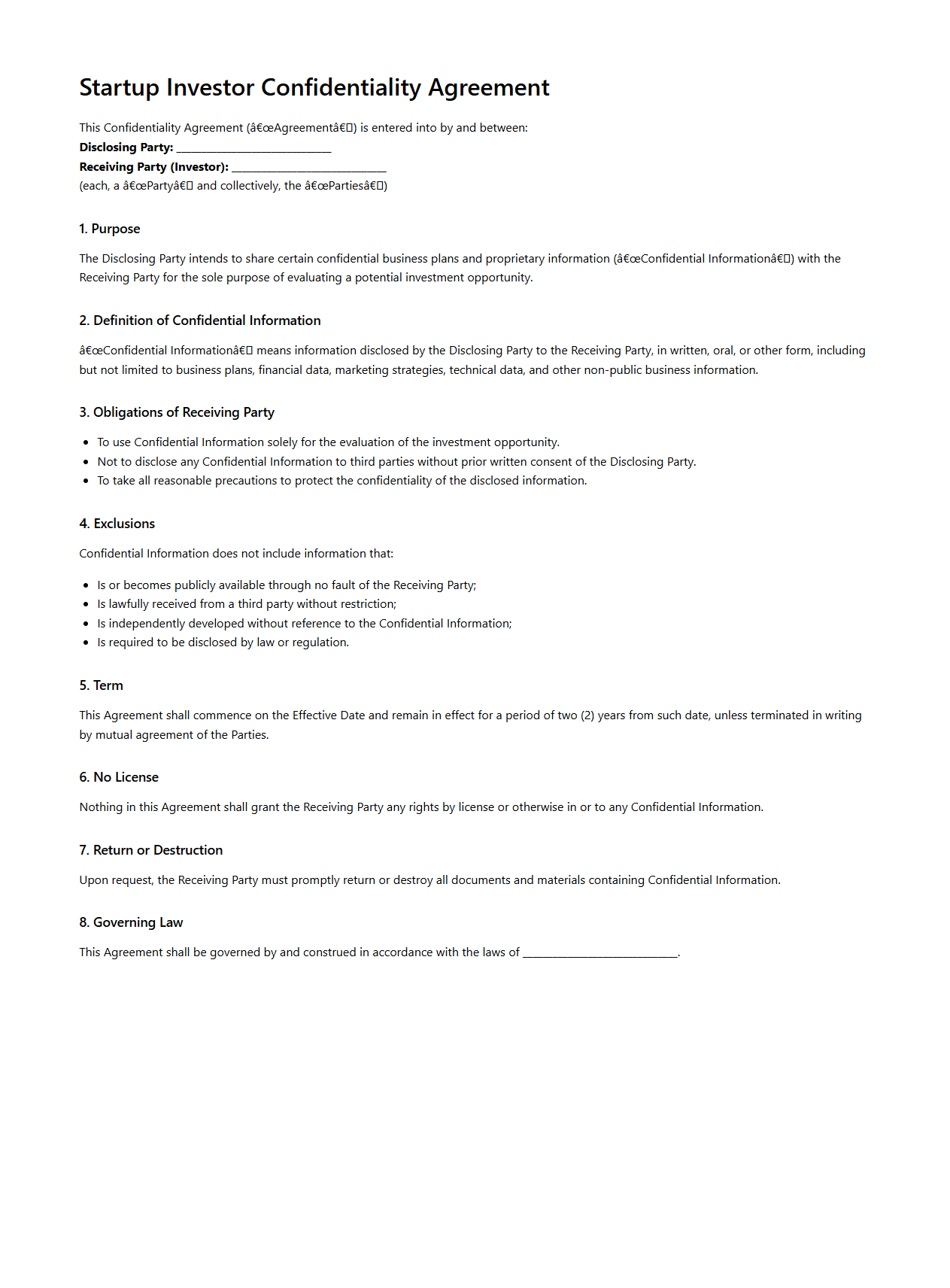 Startup Investor Confidentiality Agreement for Business Plans