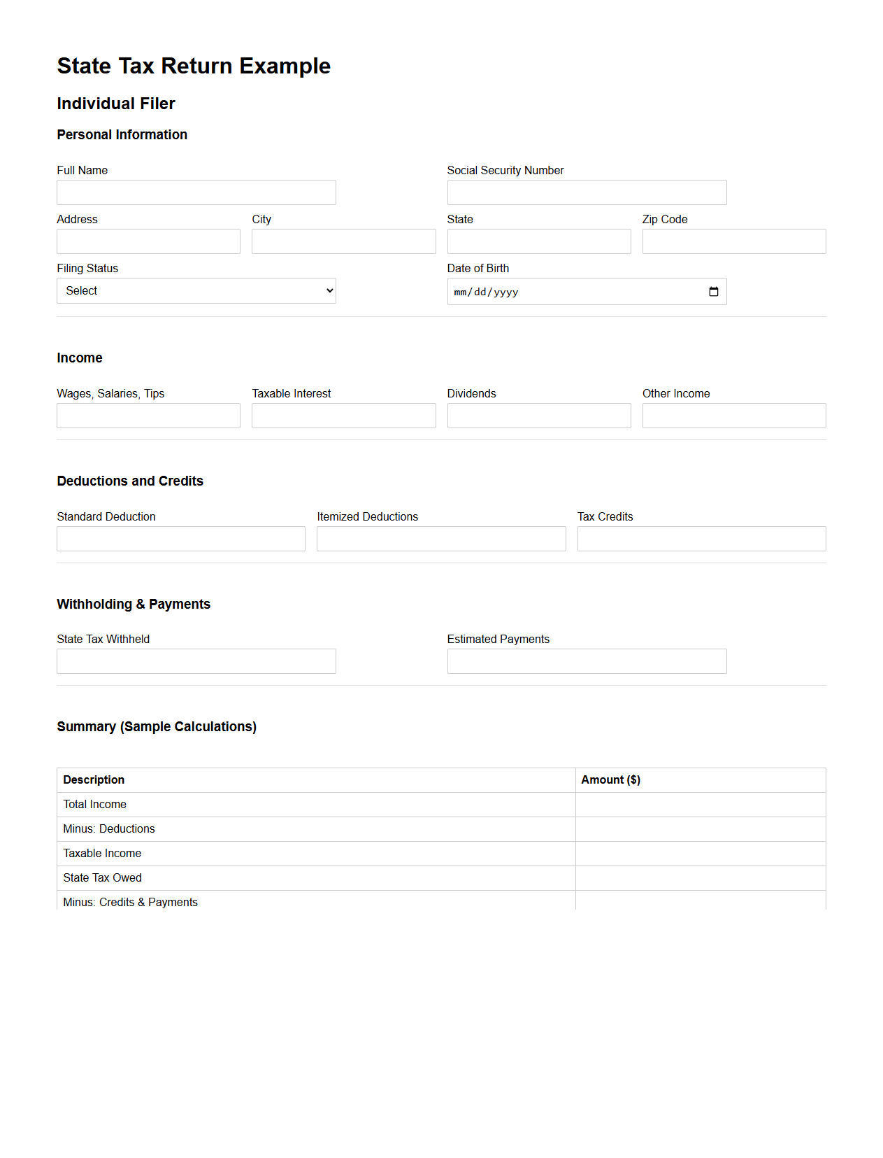 State Tax Return Example for Individual Filer
