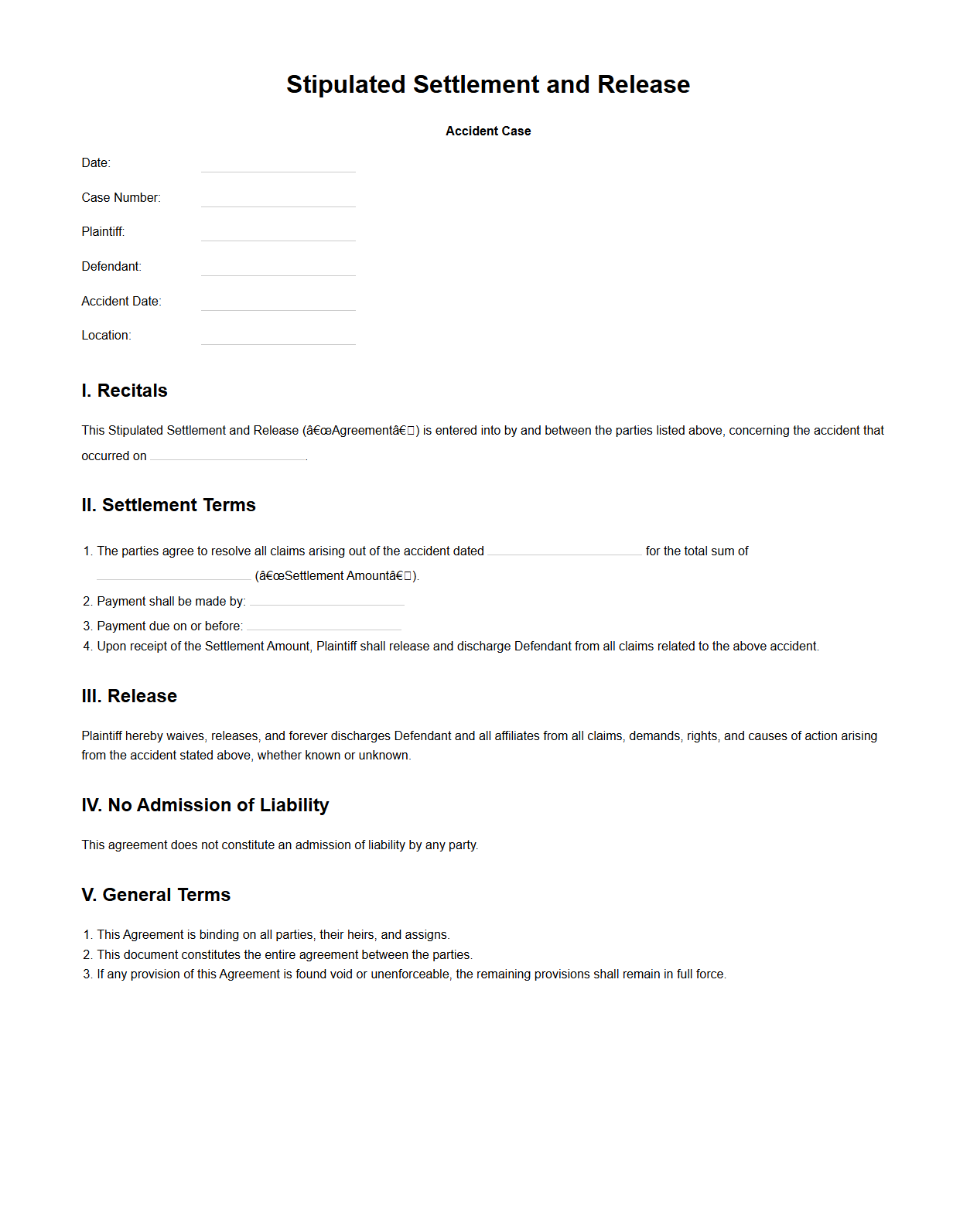 Stipulated Settlement and Release Document for Accident Cases