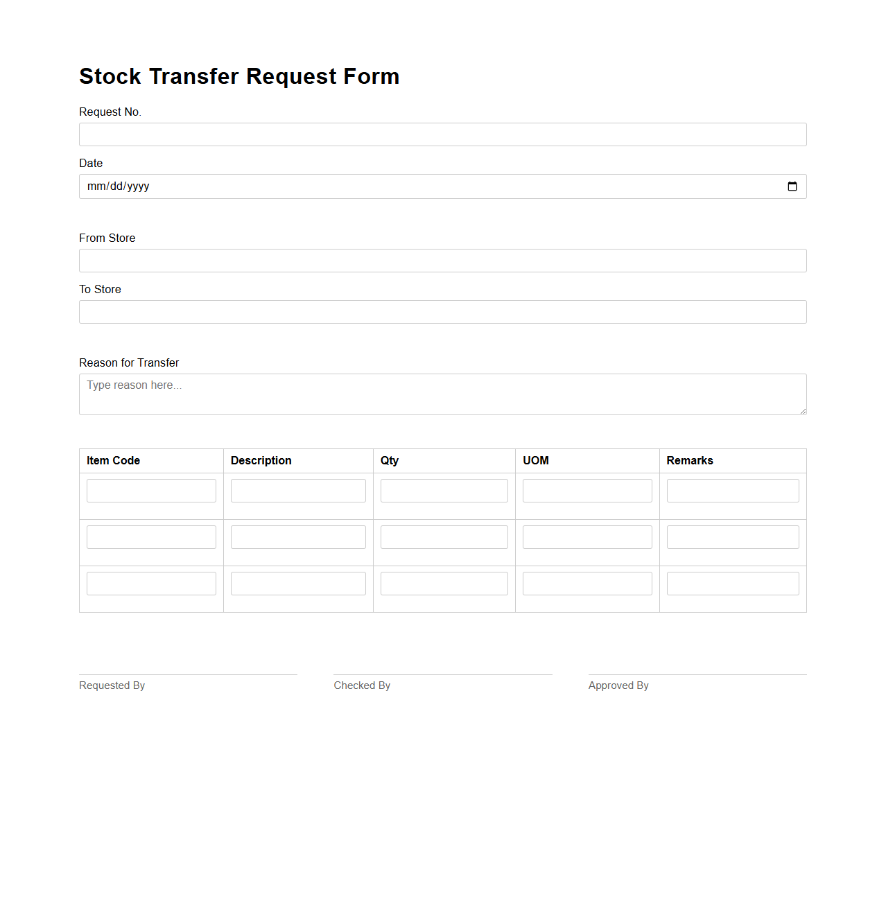 Stock Transfer Request Form for Retail Stores