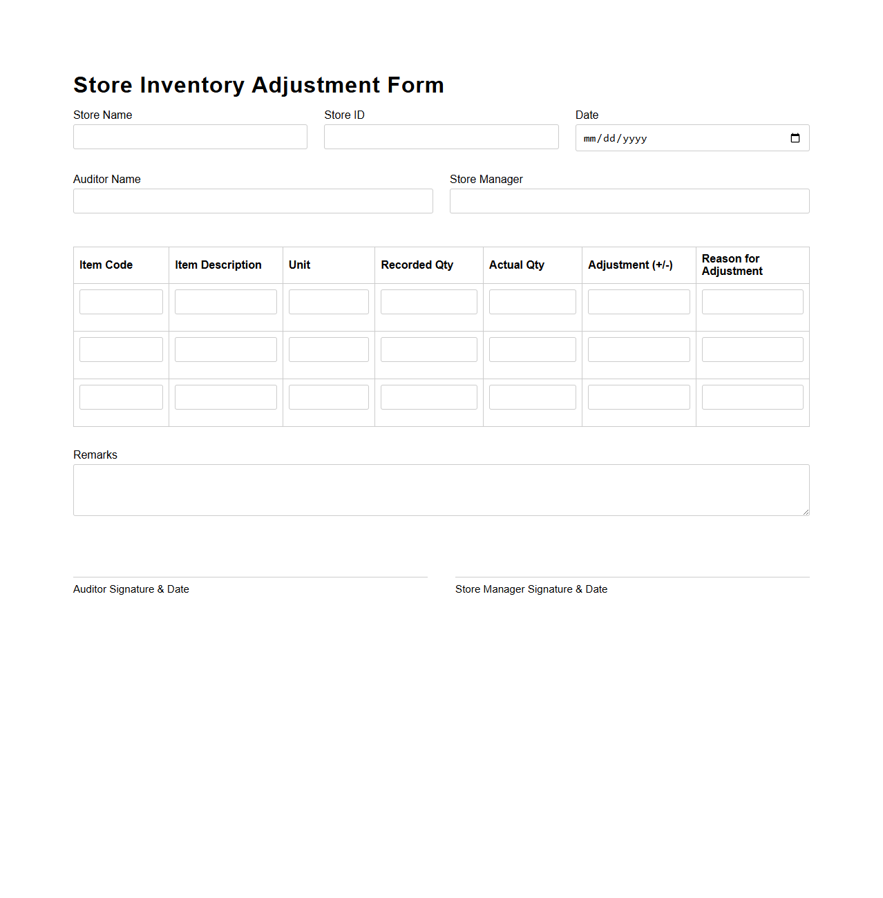 Store Inventory Adjustment Form Template for Audits