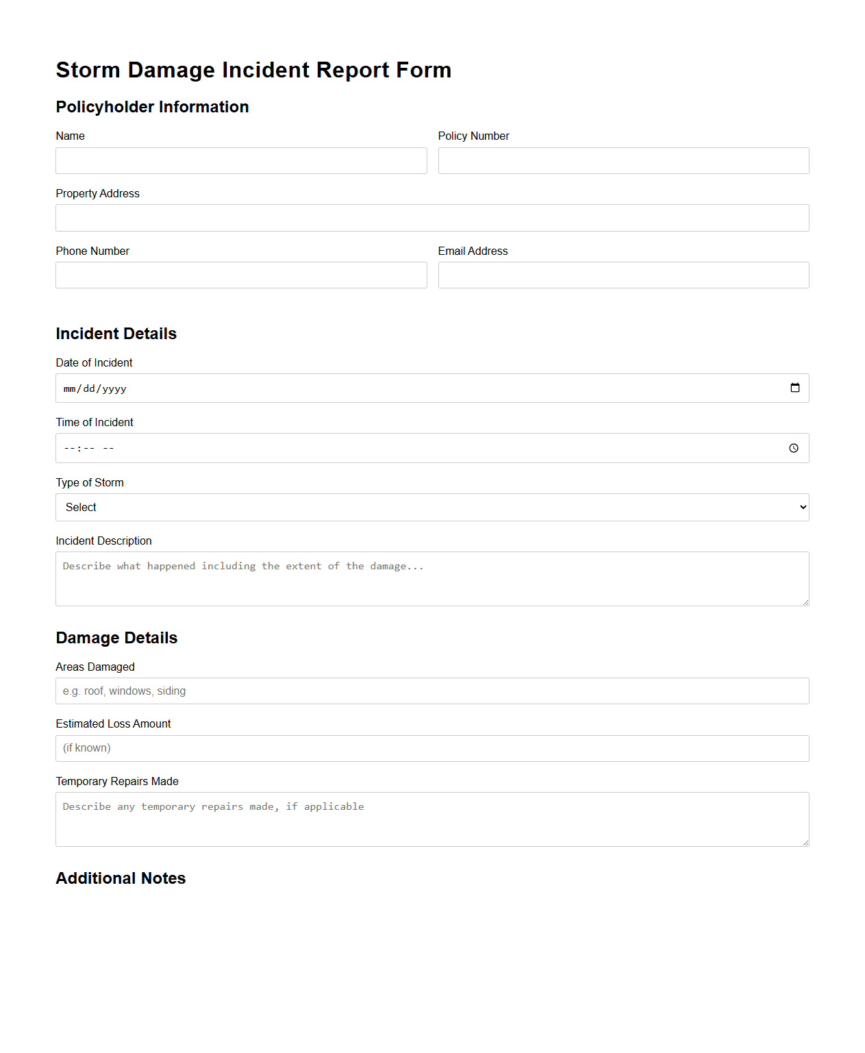 Storm Damage Incident Report Form for Homeowner Policies