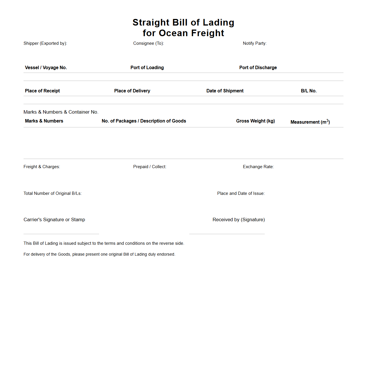 Straight Bill of Lading for Ocean Freight