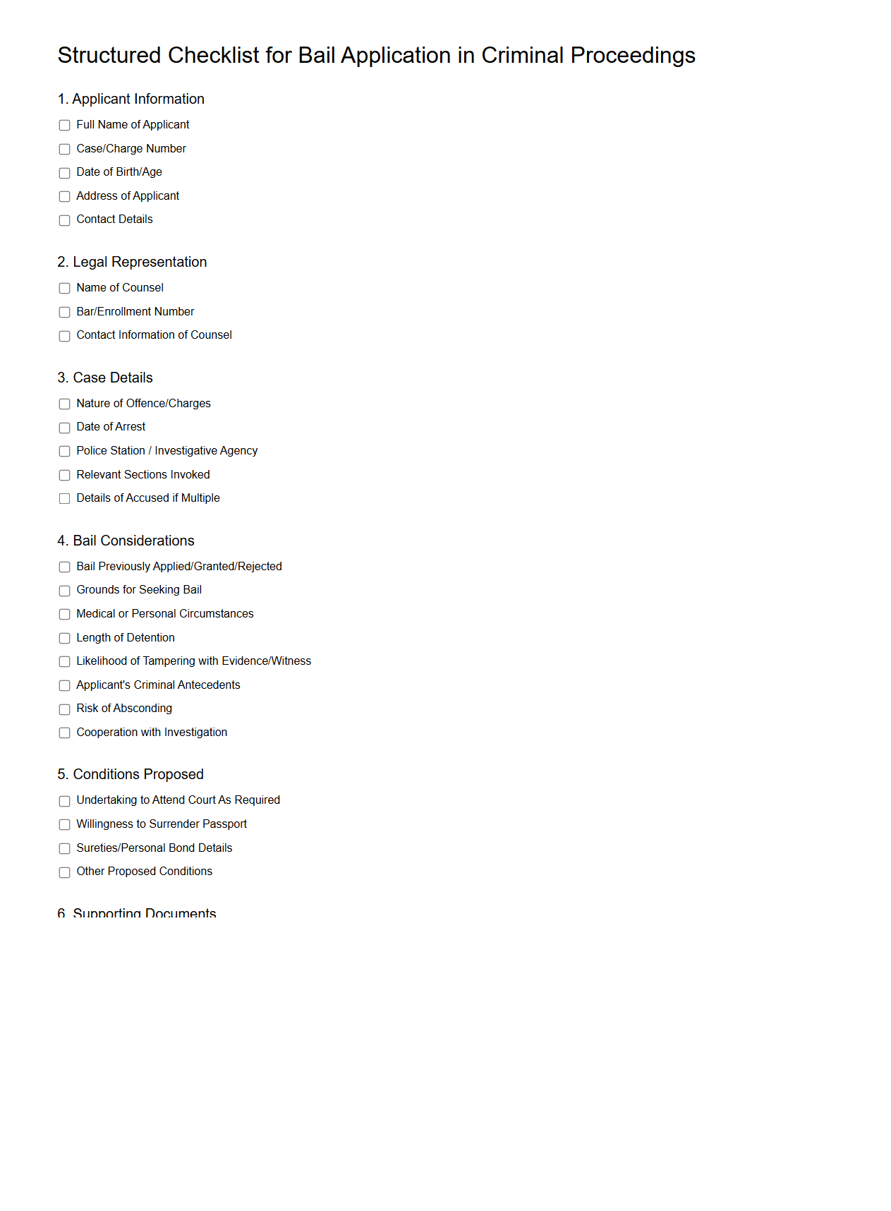 Structured Checklist for Bail Application in Criminal Proceedings