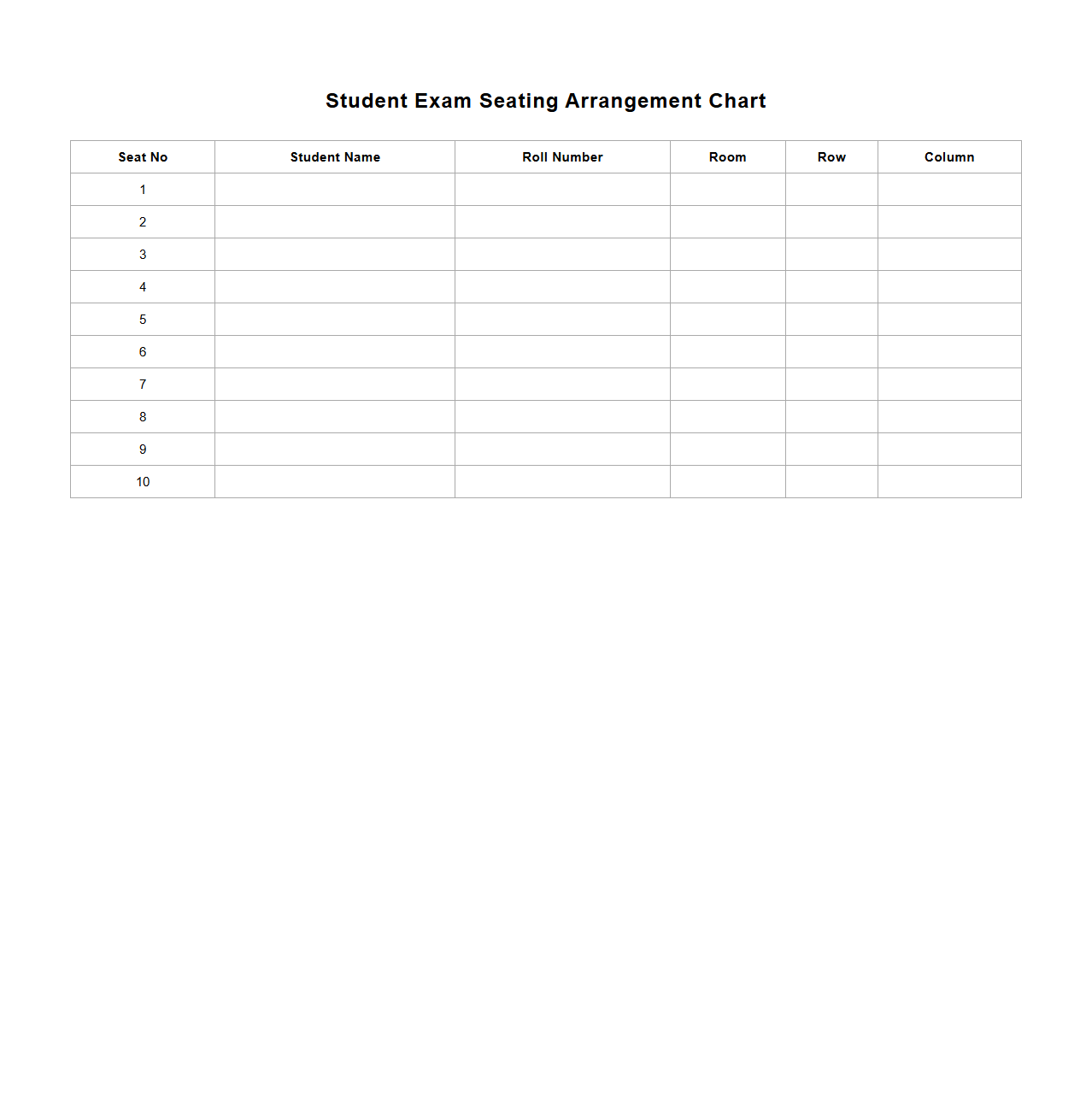 Student Exam Seating Arrangement Chart