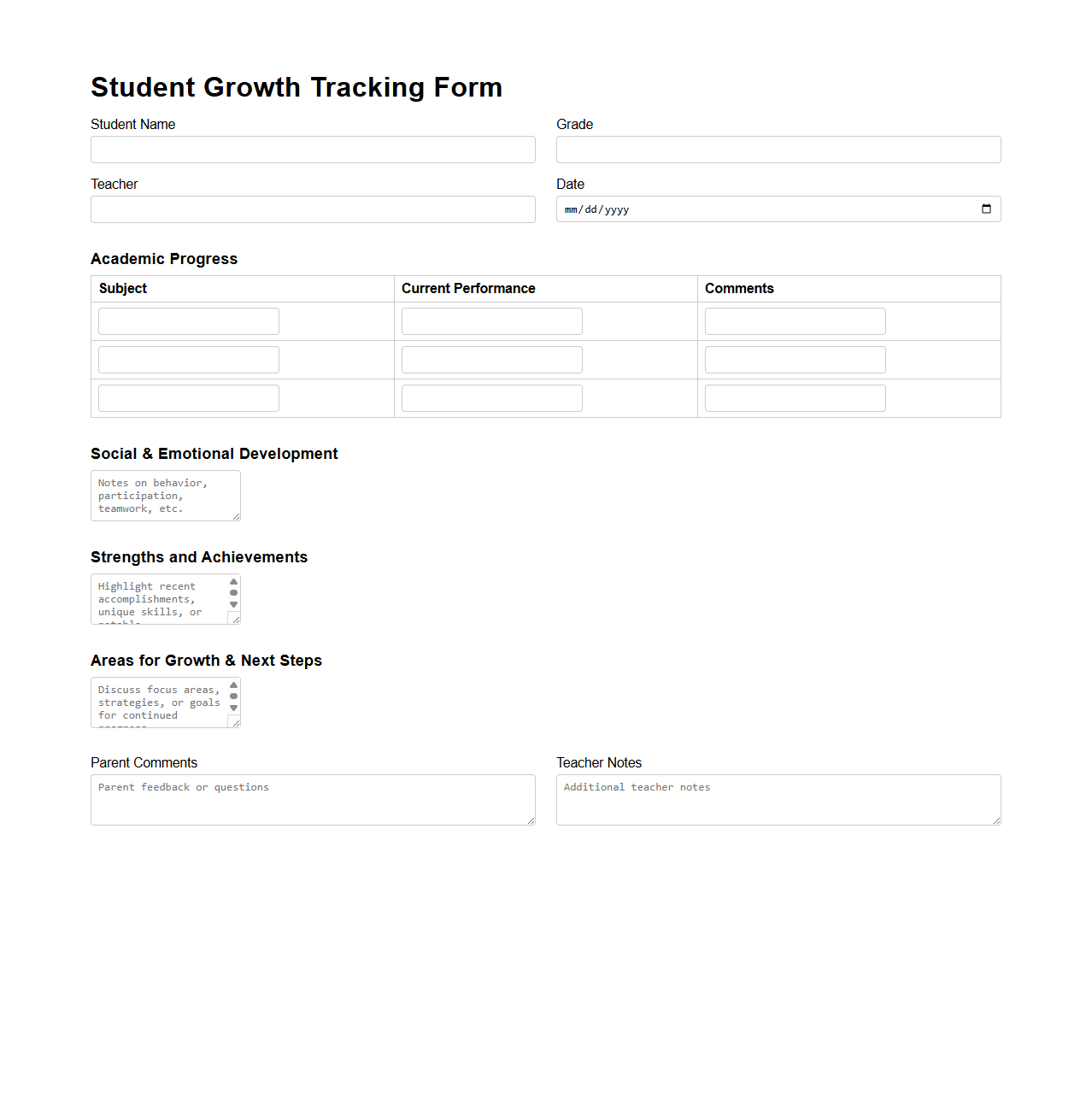 Student Growth Tracking Form for Parent-Teacher Discussion