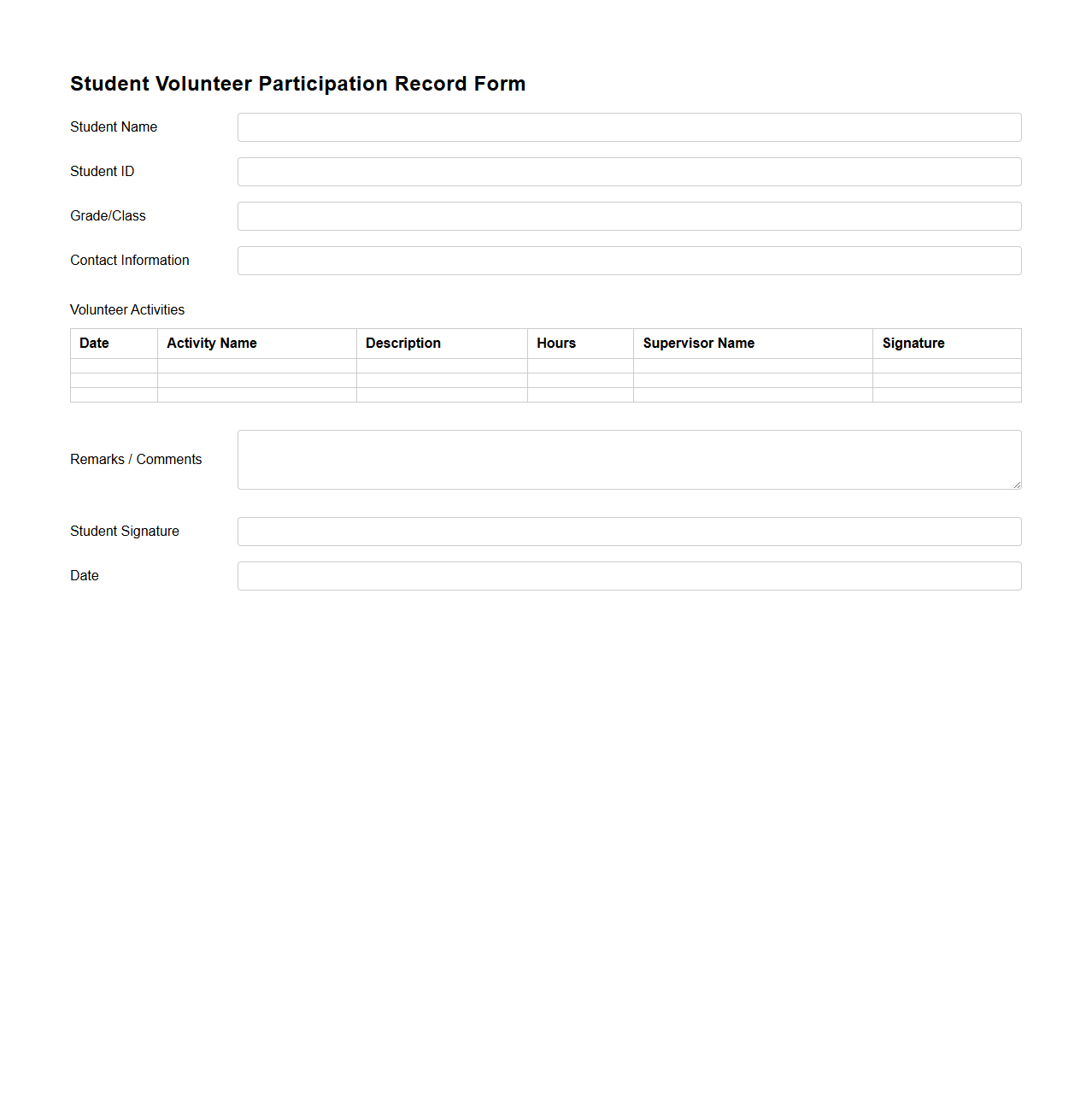 Student Volunteer Participation Record Form