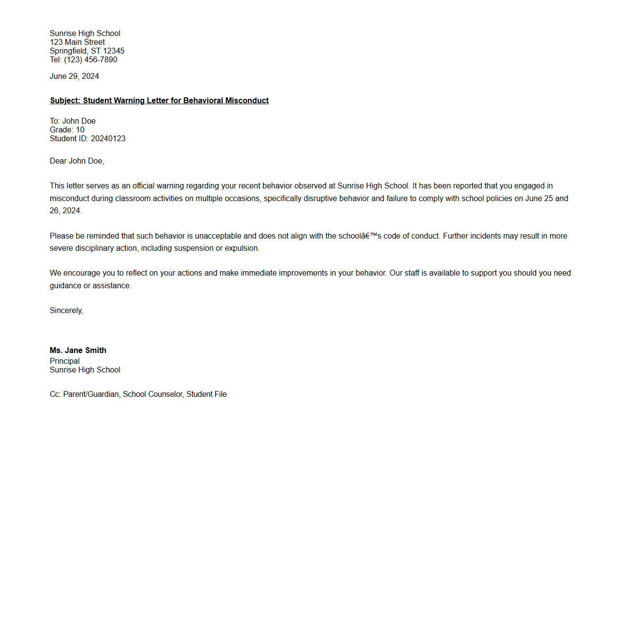 Student Warning Letter for Behavioral Misconduct