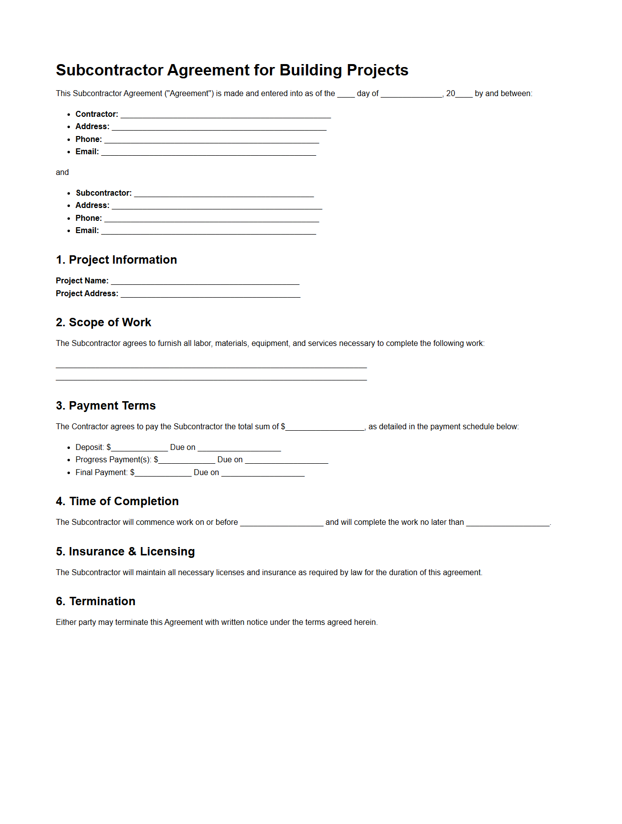 Subcontractor Agreement for Building Projects