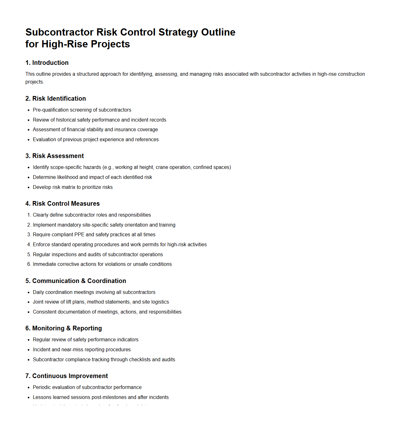 Subcontractor Risk Control Strategy Outline for High-Rise Projects