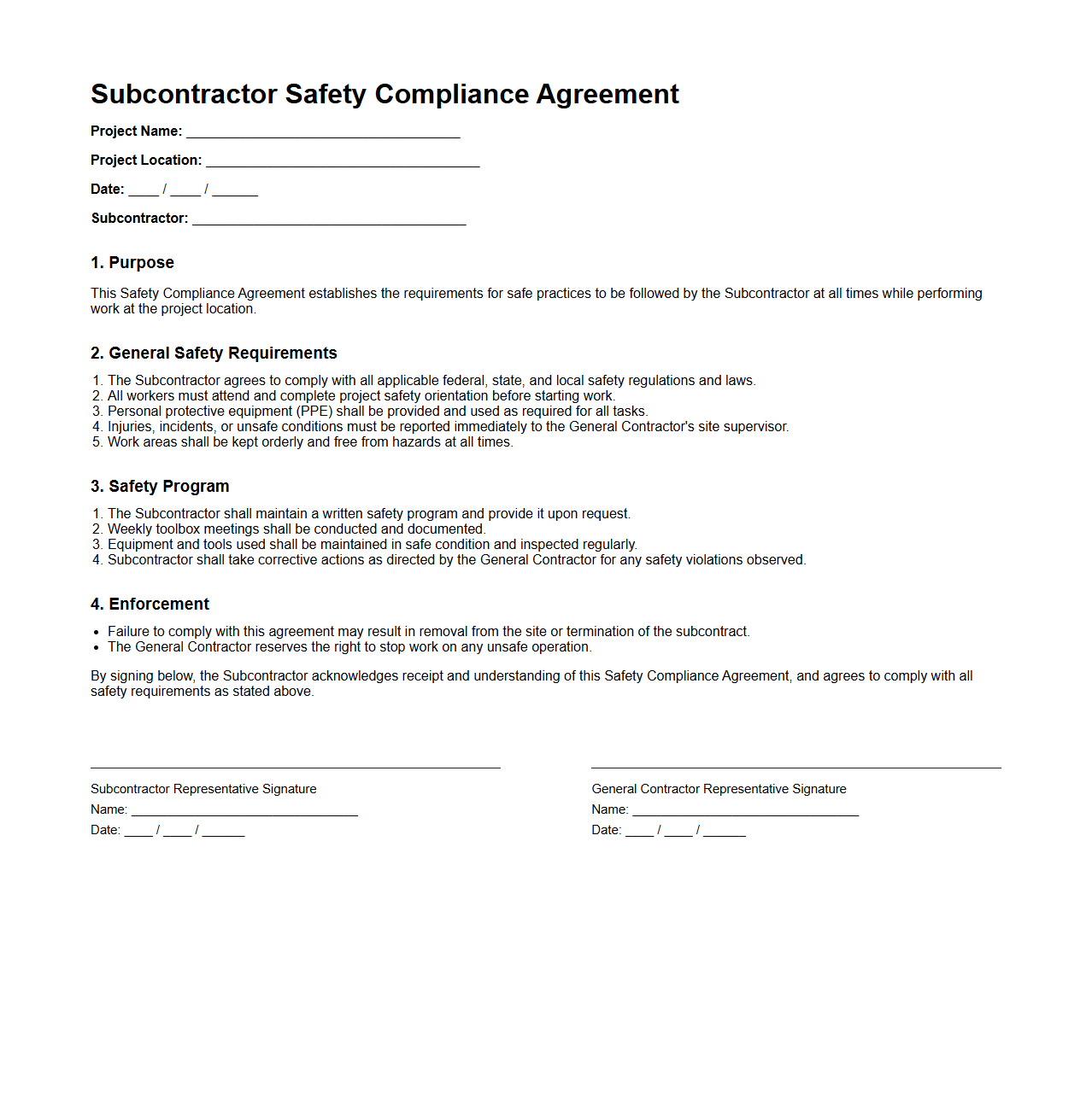 Subcontractor Safety Compliance Agreement Sample