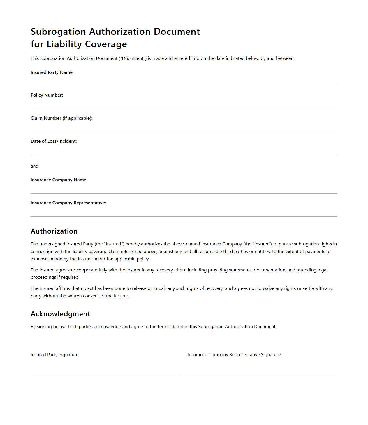 Subrogation Authorization Document for Liability Coverage