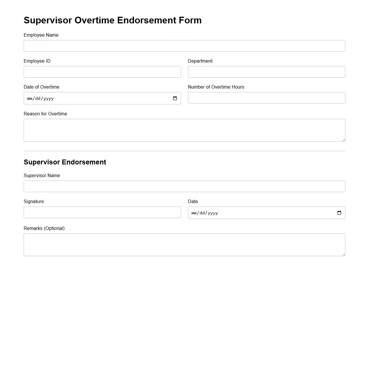 Supervisor Overtime Endorsement Form
