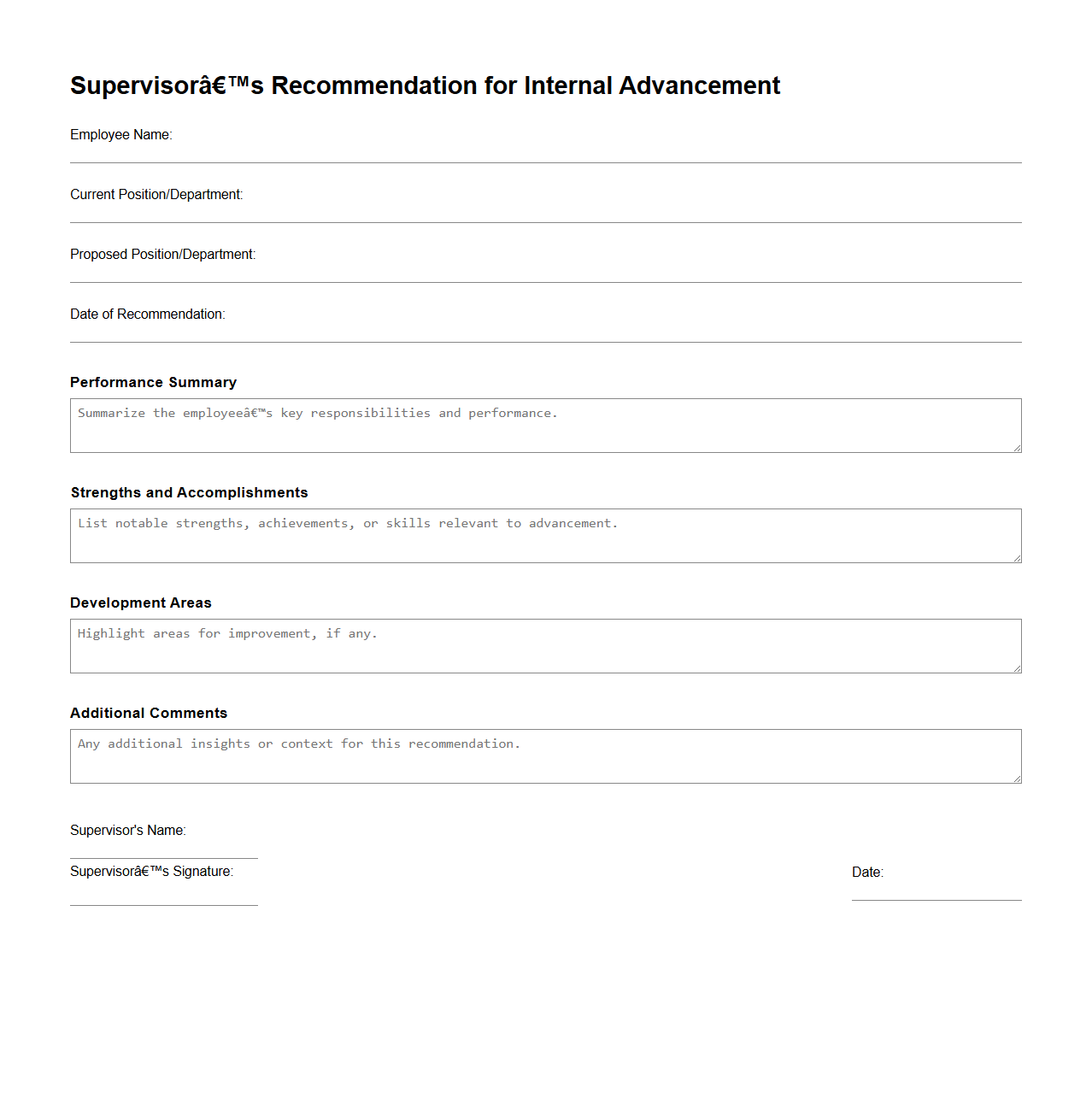 Supervisor’s Recommendation for Internal Advancement