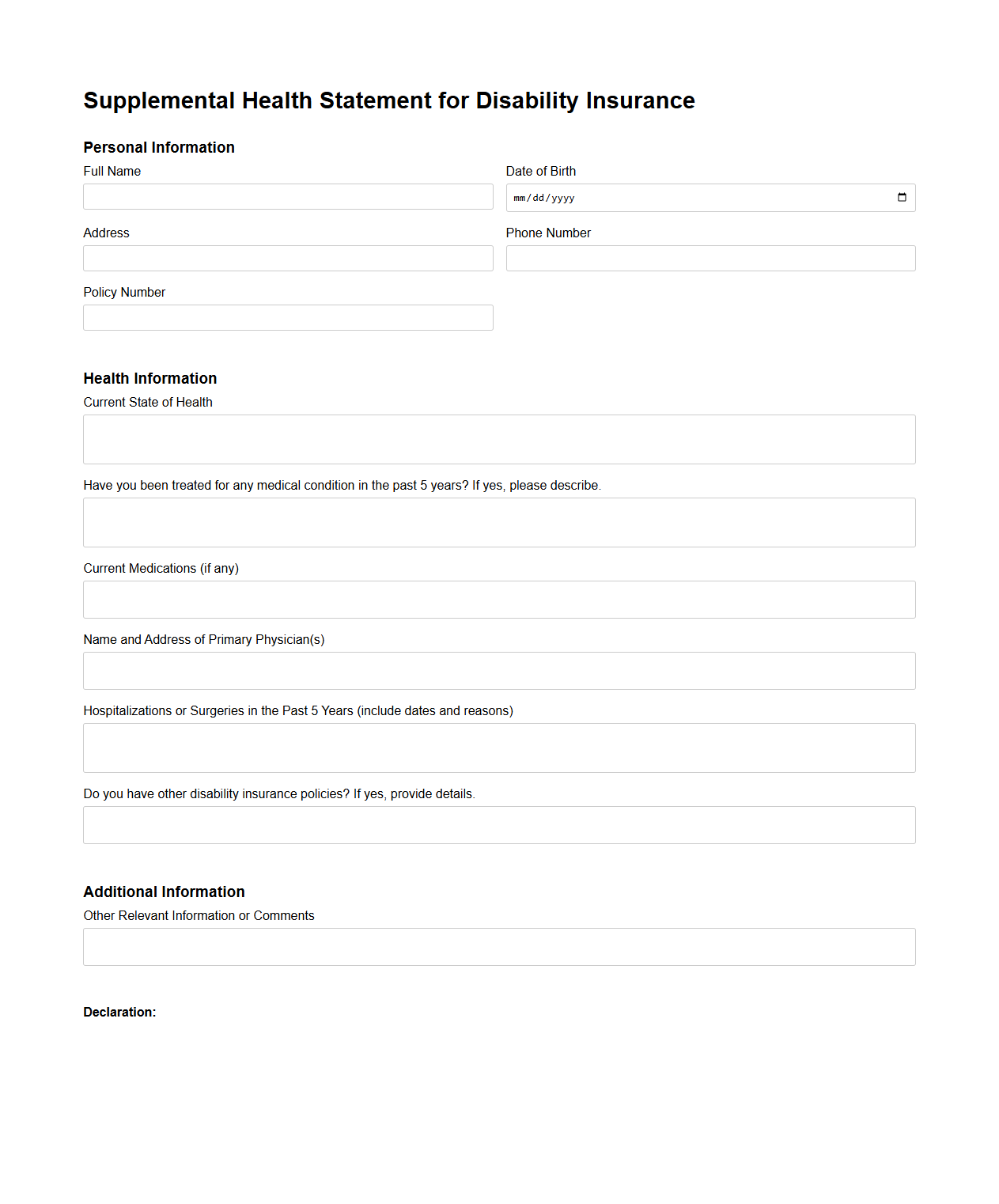 Supplemental Health Statement for Disability Insurance