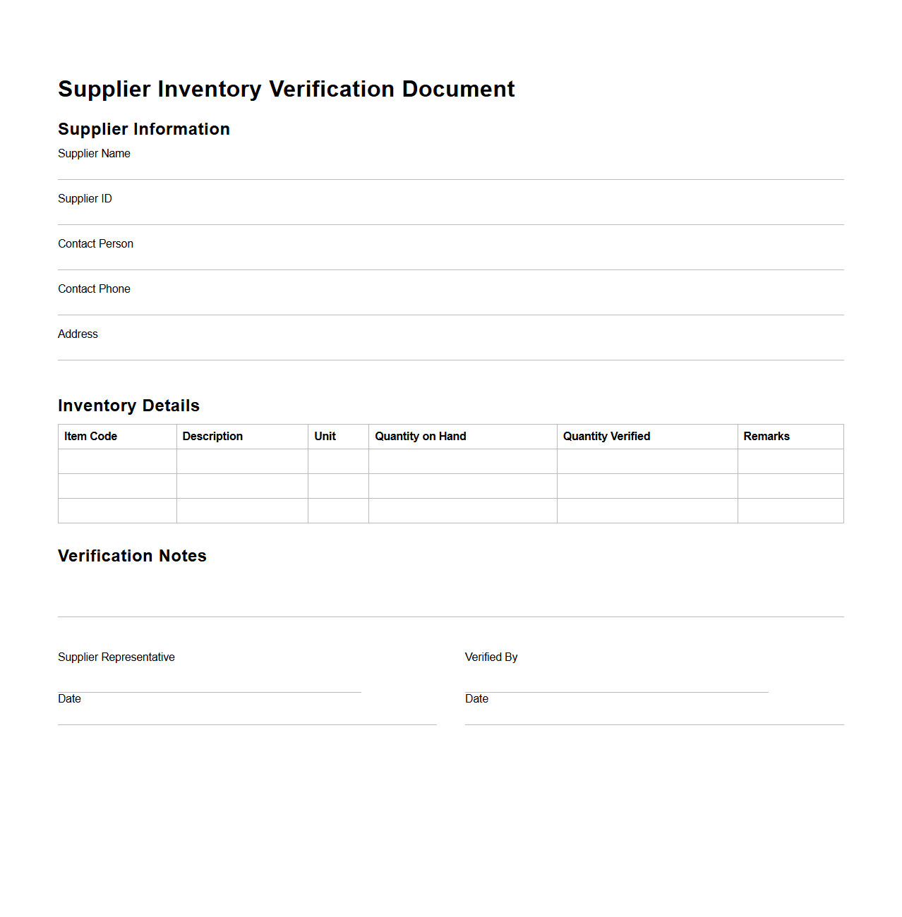 Supplier Inventory Verification Document