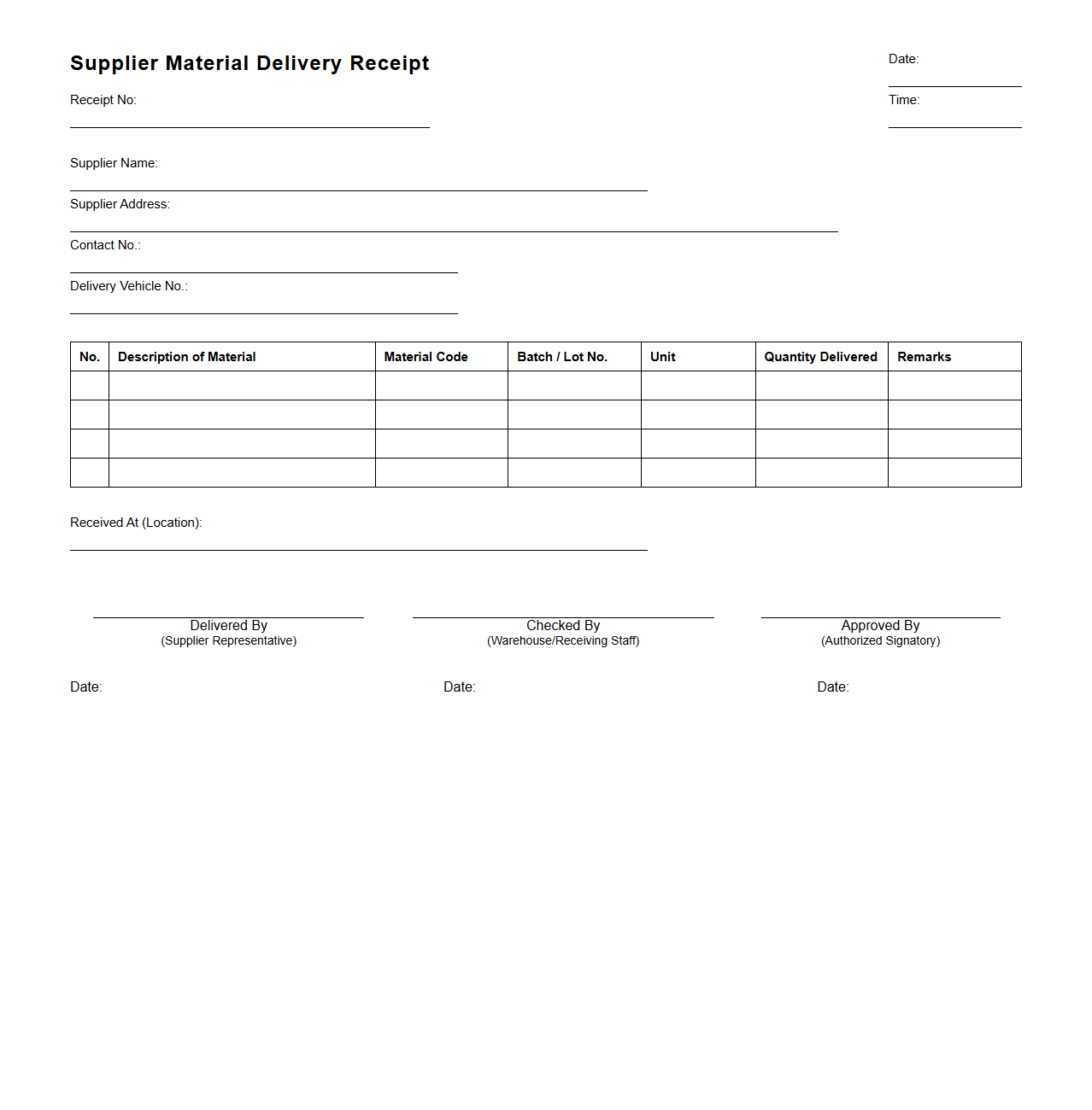 Supplier Material Delivery Receipt Format