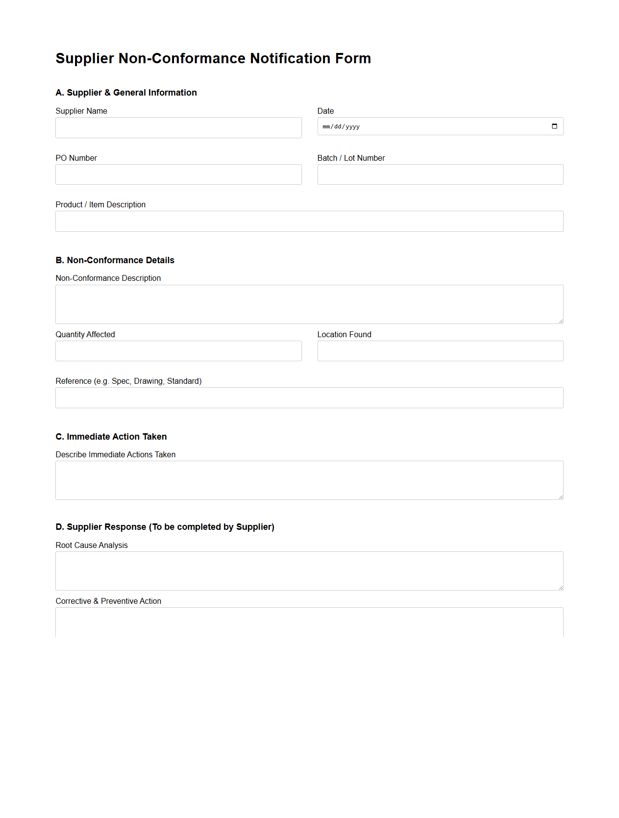 Supplier Non-Conformance Notification Form