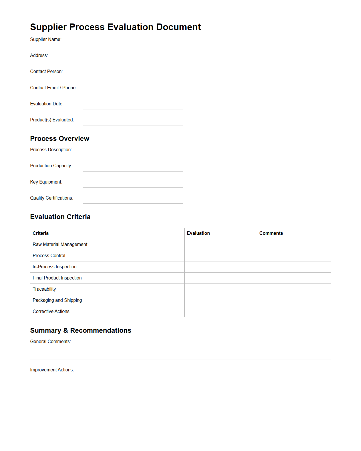 Supplier Process Evaluation Document for Manufacturing