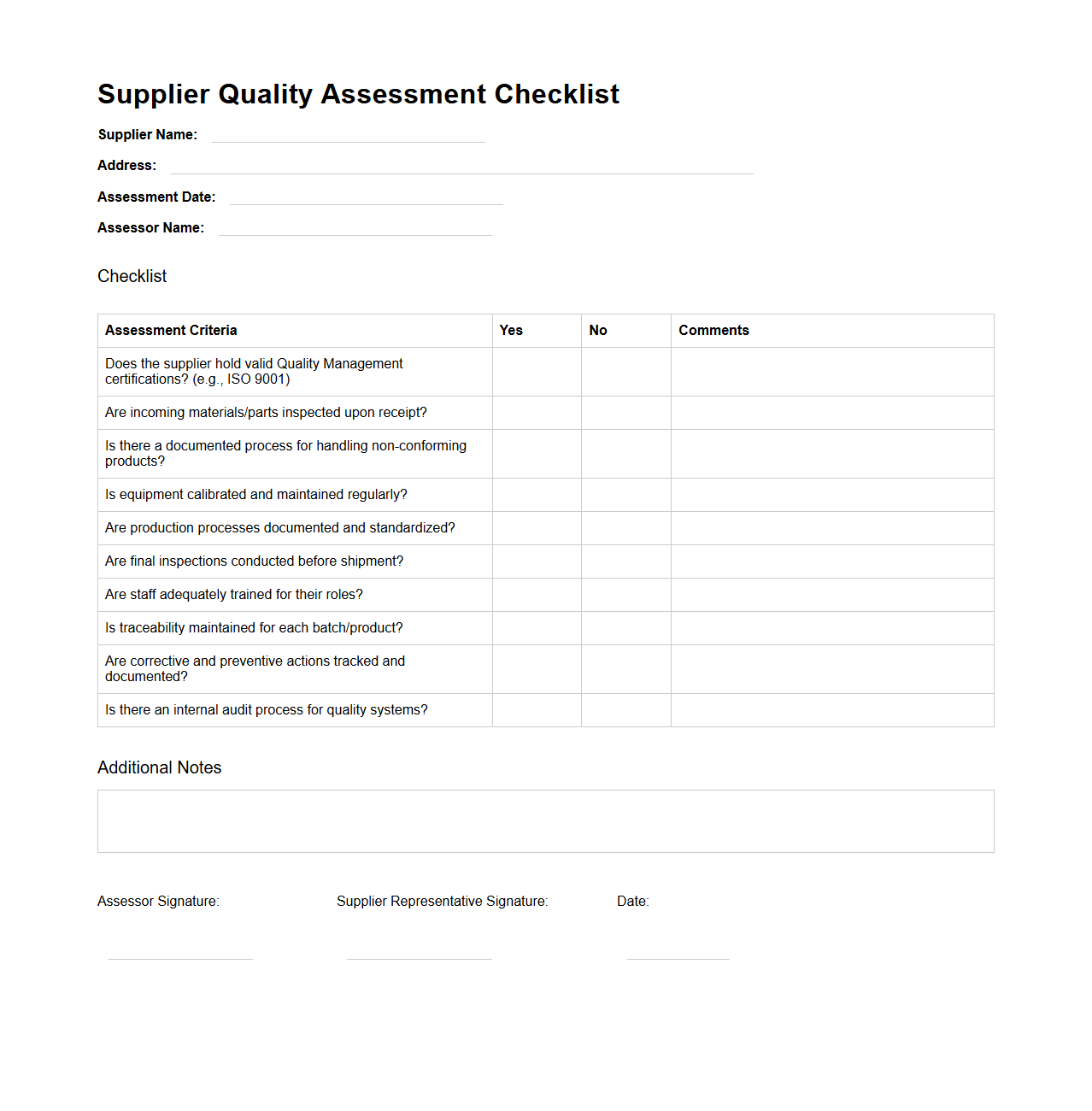 Supplier Quality Assessment Checklist for Manufacturers