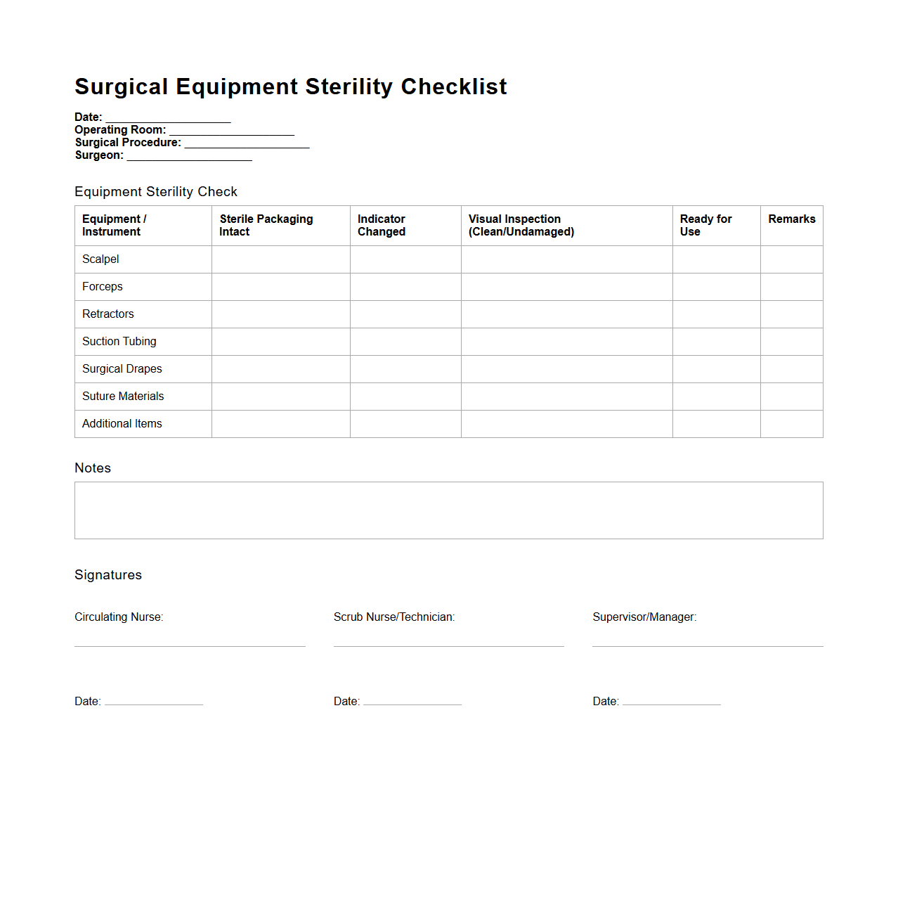 Surgical Equipment Sterility Checklist Template for Operating Room