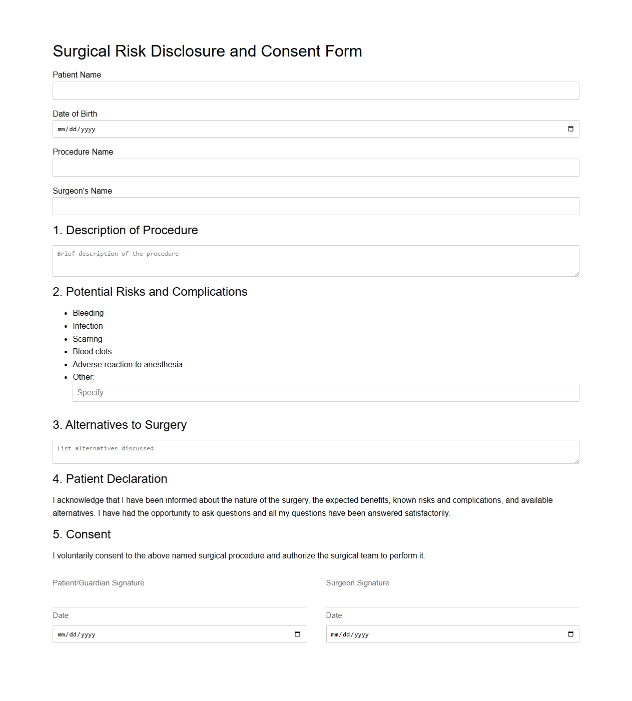 Surgical Risk Disclosure Consent Template