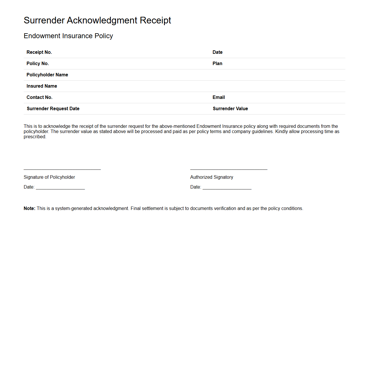 Surrender Acknowledgment Receipt Format for Endowment Insurance