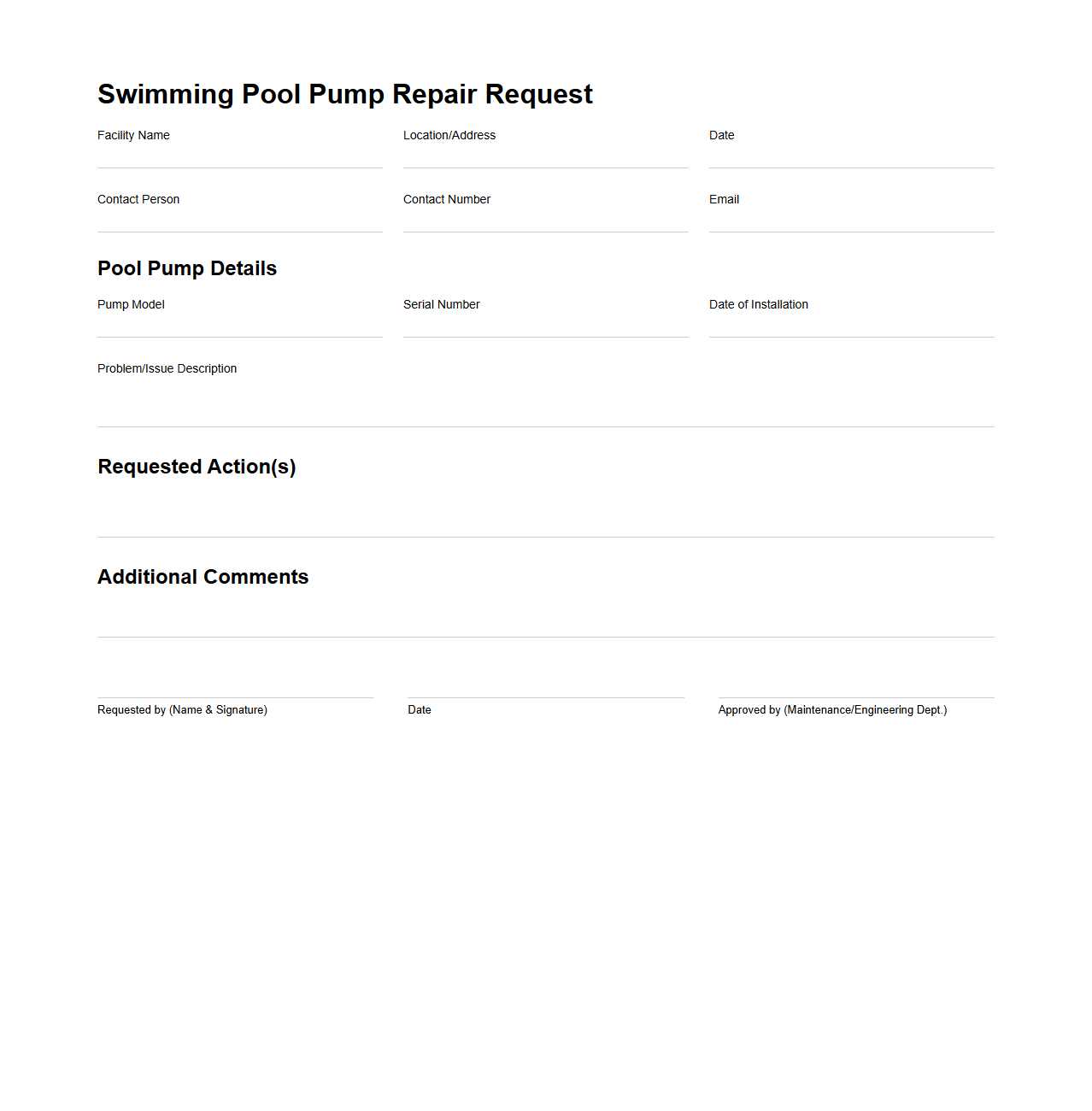 Swimming Pool Pump Repair Request Sample for Hospitality Facilities