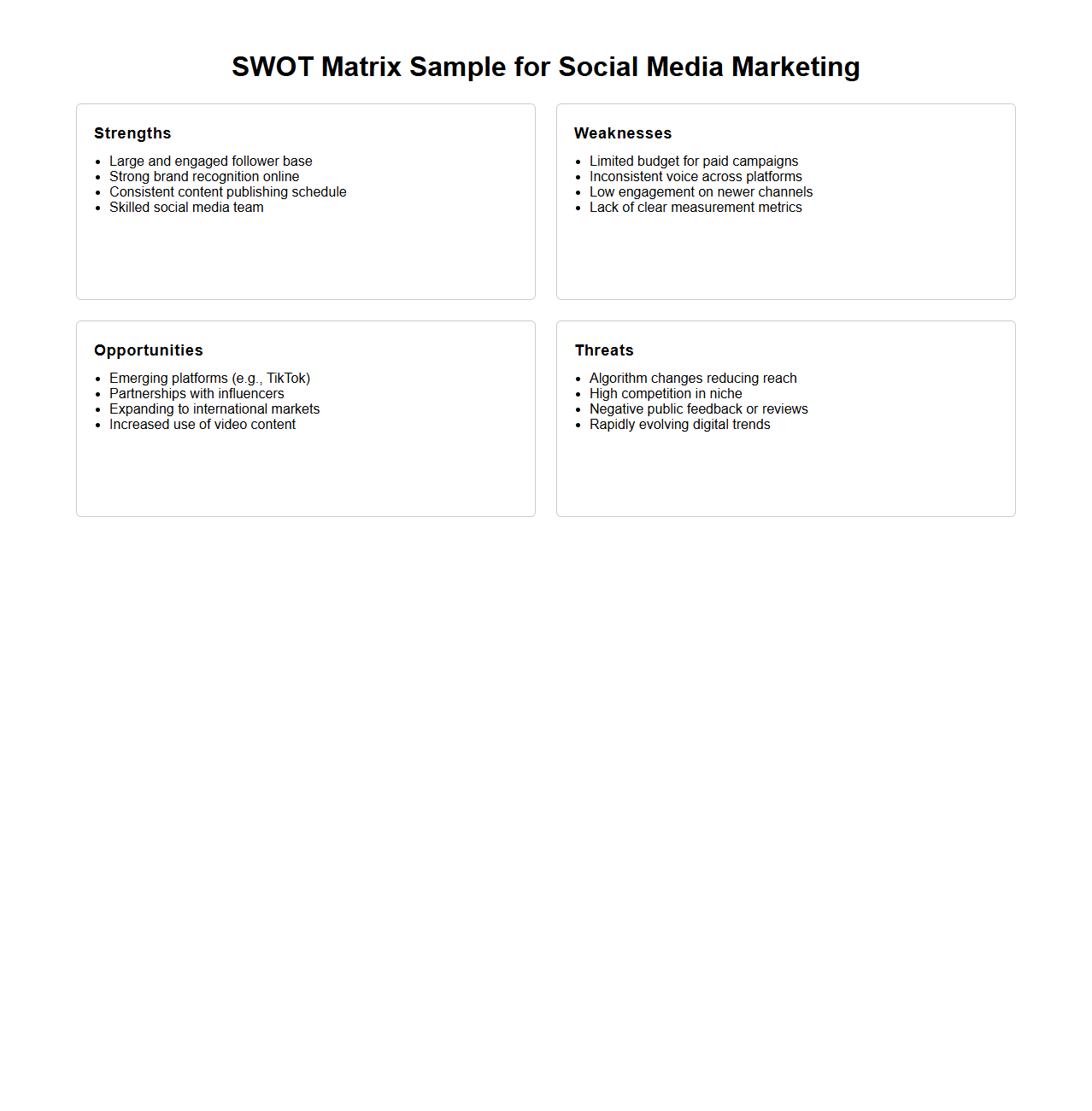 SWOT Matrix Sample for Social Media Marketing