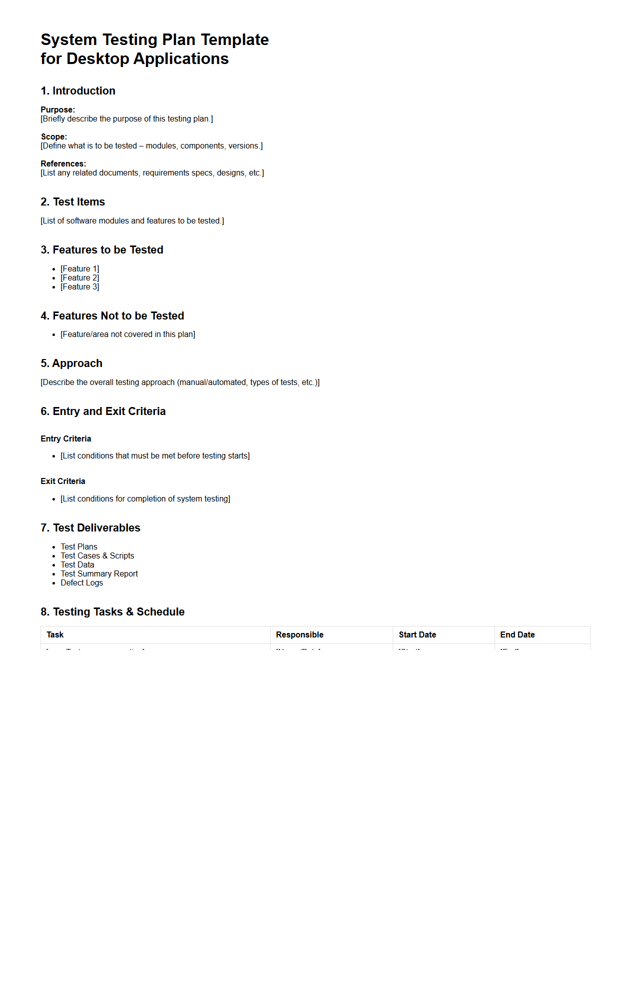 System Testing Plan Template for Desktop Applications