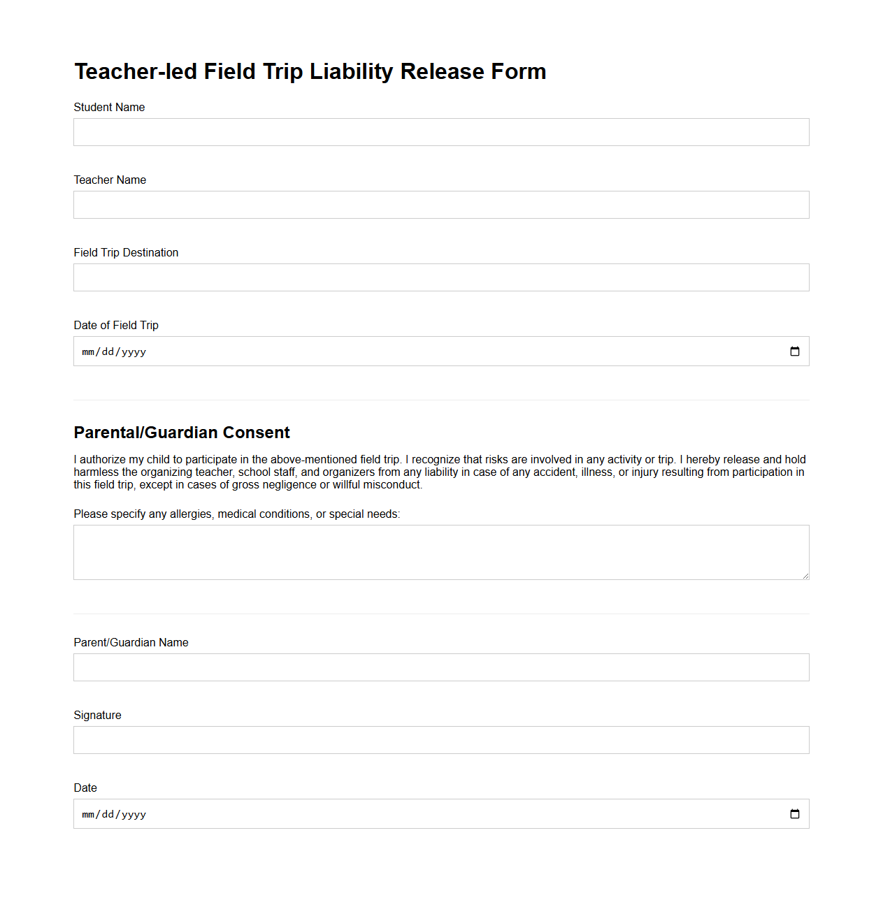 Teacher-led Field Trip Liability Release Form