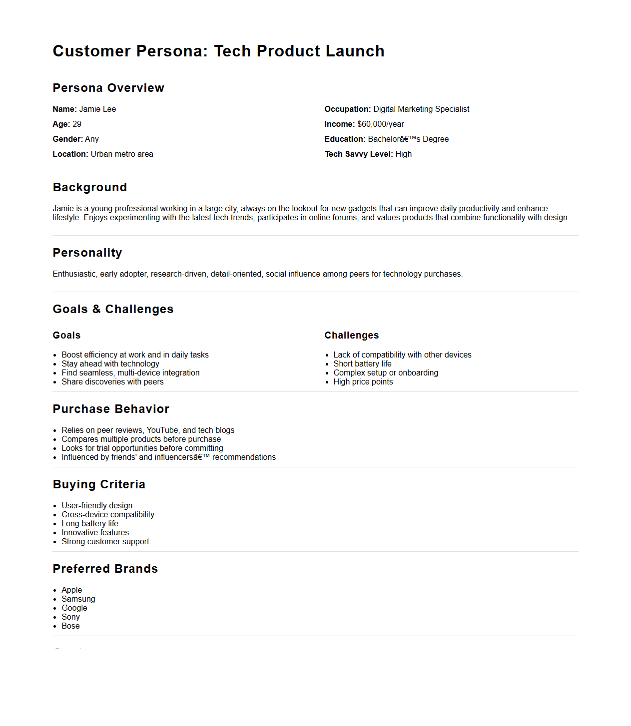 Tech Product Customer Persona Document Sample for Gadget Launch