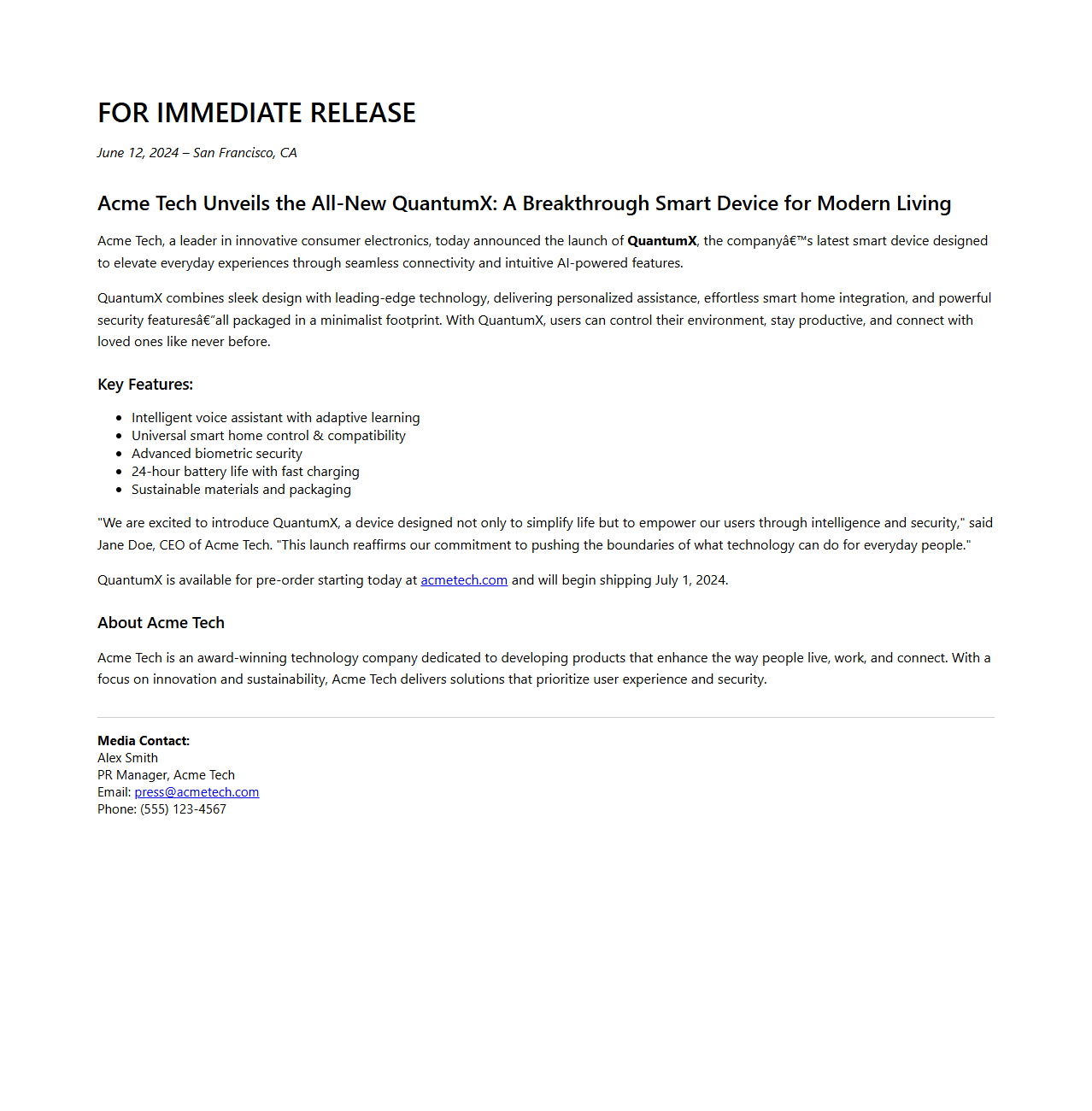 Tech Product Launch Press Release Sample